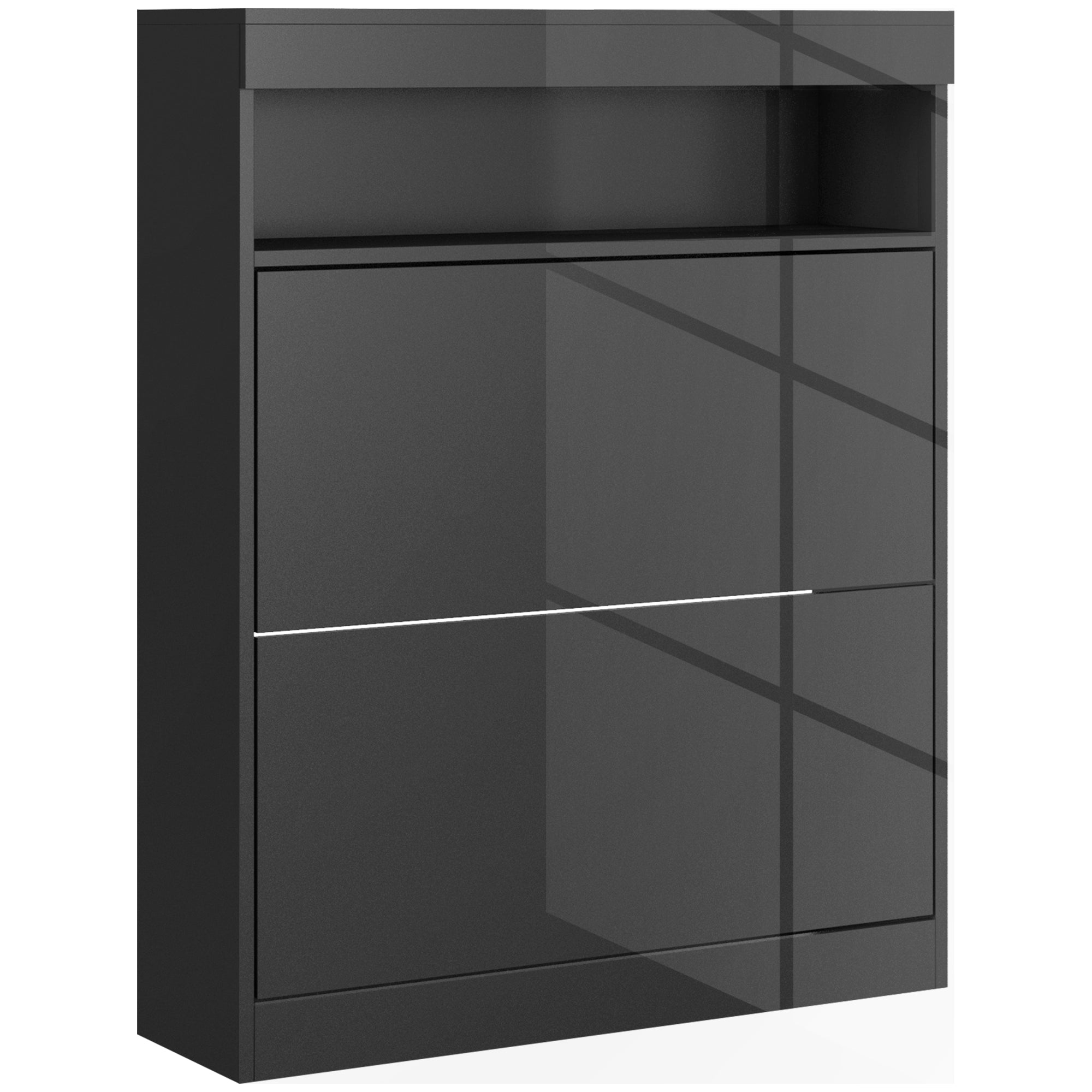 HOMCOM 16 Shoe Pair Storage Cabinet, with Flip Doors - High Gloss Black - North Peak Garden Furniture