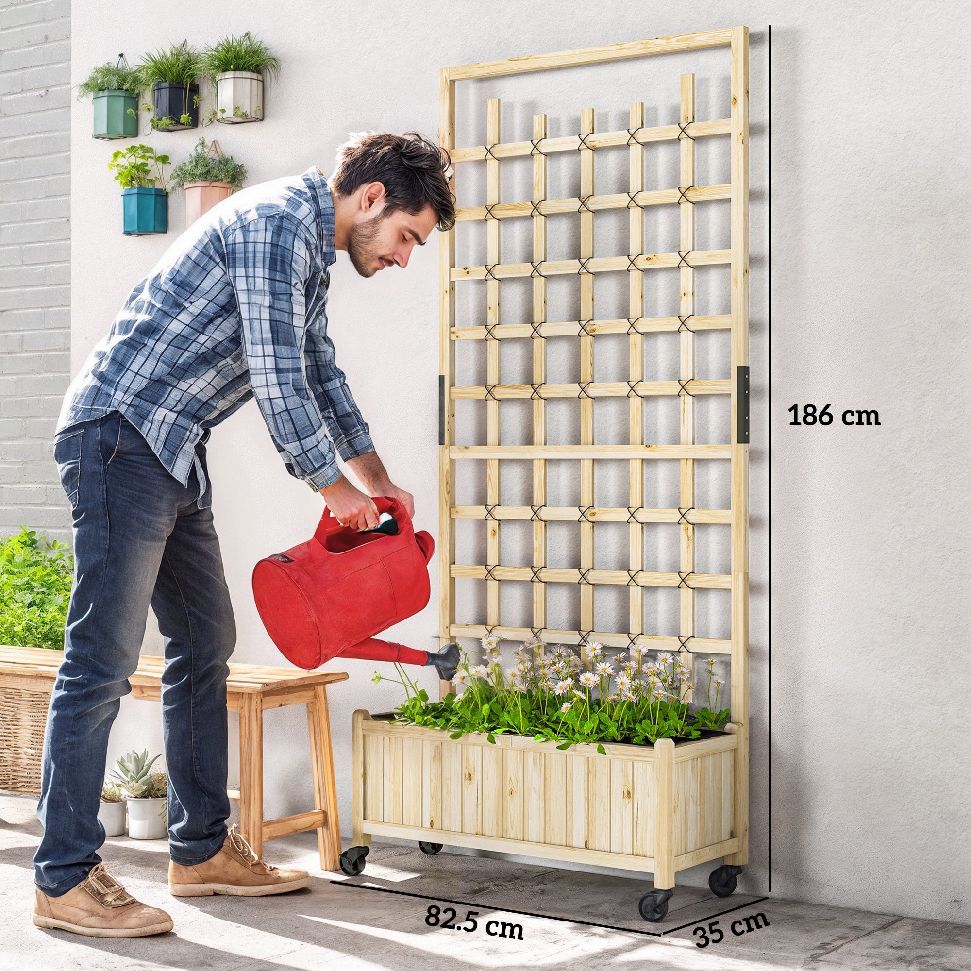 Outsunny Wooden Trellis Planter, Raised Garden Bed with Wheels and Bed Liner, to Climb and Grow Vegetables, Herbs and Flowers