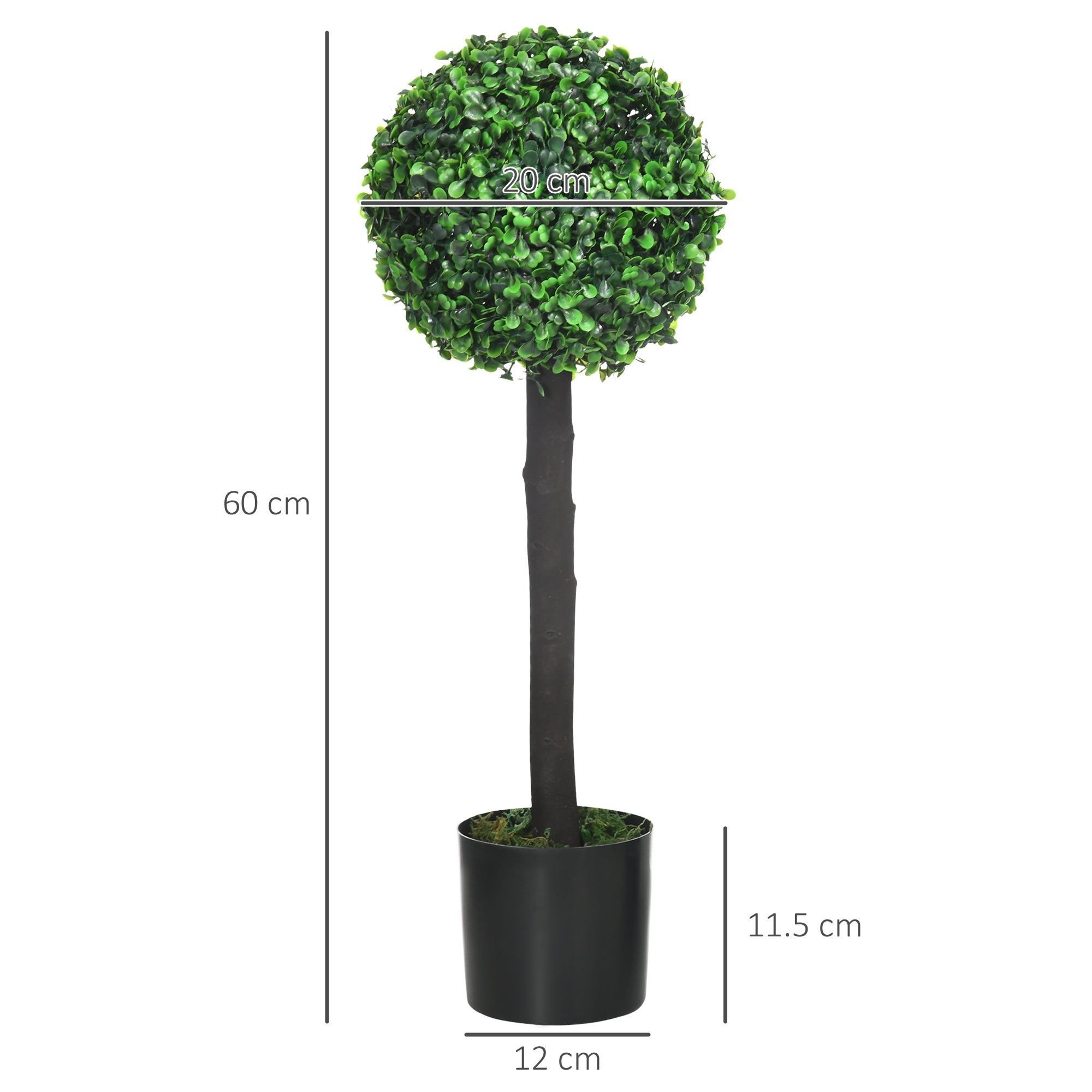 HOMCOM Set of 2 Artificial Plants Boxwood Ball Trees in Pot Fake Plants for Home Indoor Outdoor Decor, 20x20x60cm, Green - North Peak Garden Furniture