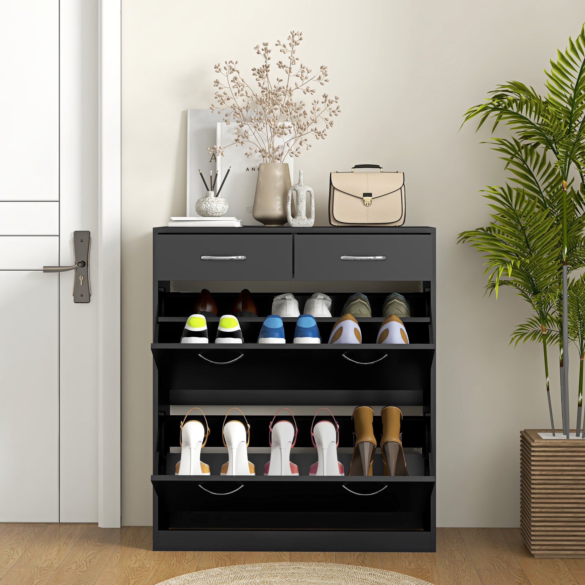 HOMCOM Narrow Shoe Storage with 2 Flip Drawers and Adjustable Shelves Shoe Cabinet Organizer for 12 Pairs of Shoes, Black - North Peak Garden Furniture