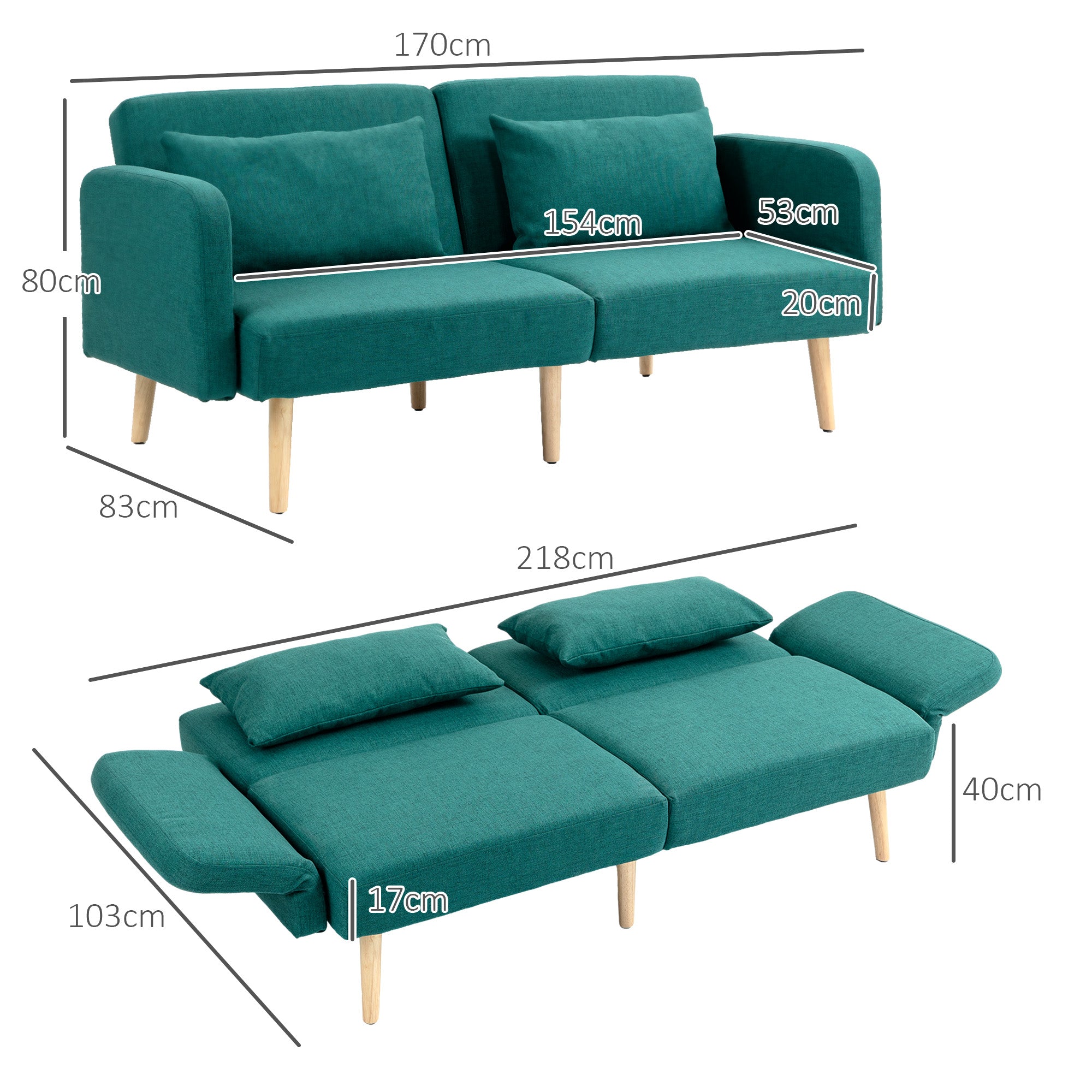 HOMCOM 2/3 Seater Sofa Bed, Convertible Bed Settee, Fabric Sofa Couch with 2 Cushions for Living Room, Guest Room, Green - North Peak Garden Furniture