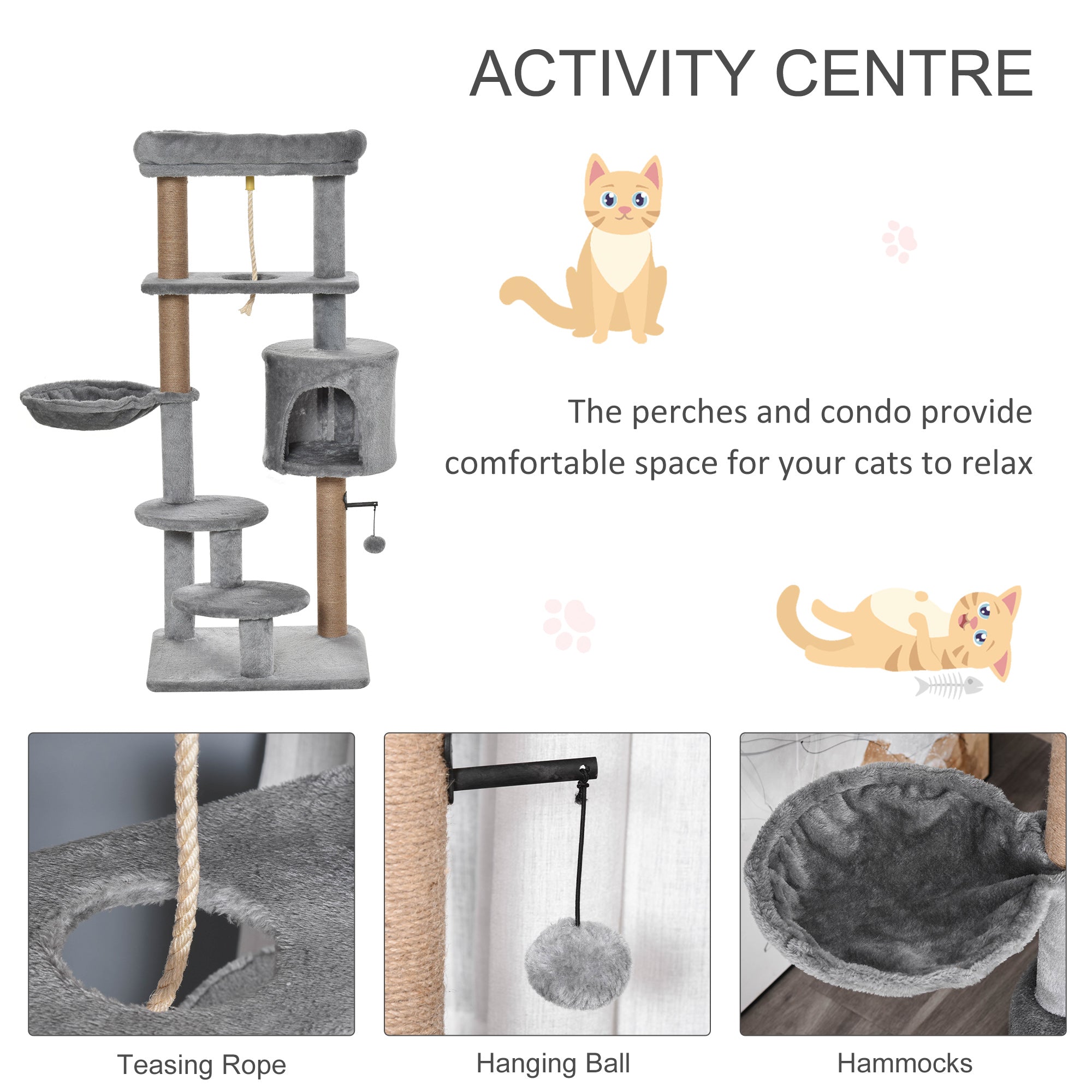 PawHut Cat Tree Tower for Indoor Cats 120cm Climbing Kitten Activity Center with Jute Scratching Post Perch Hanging Ball Hammock Teasing Rope Condo Toy Light Grey - North Peak Garden Furniture