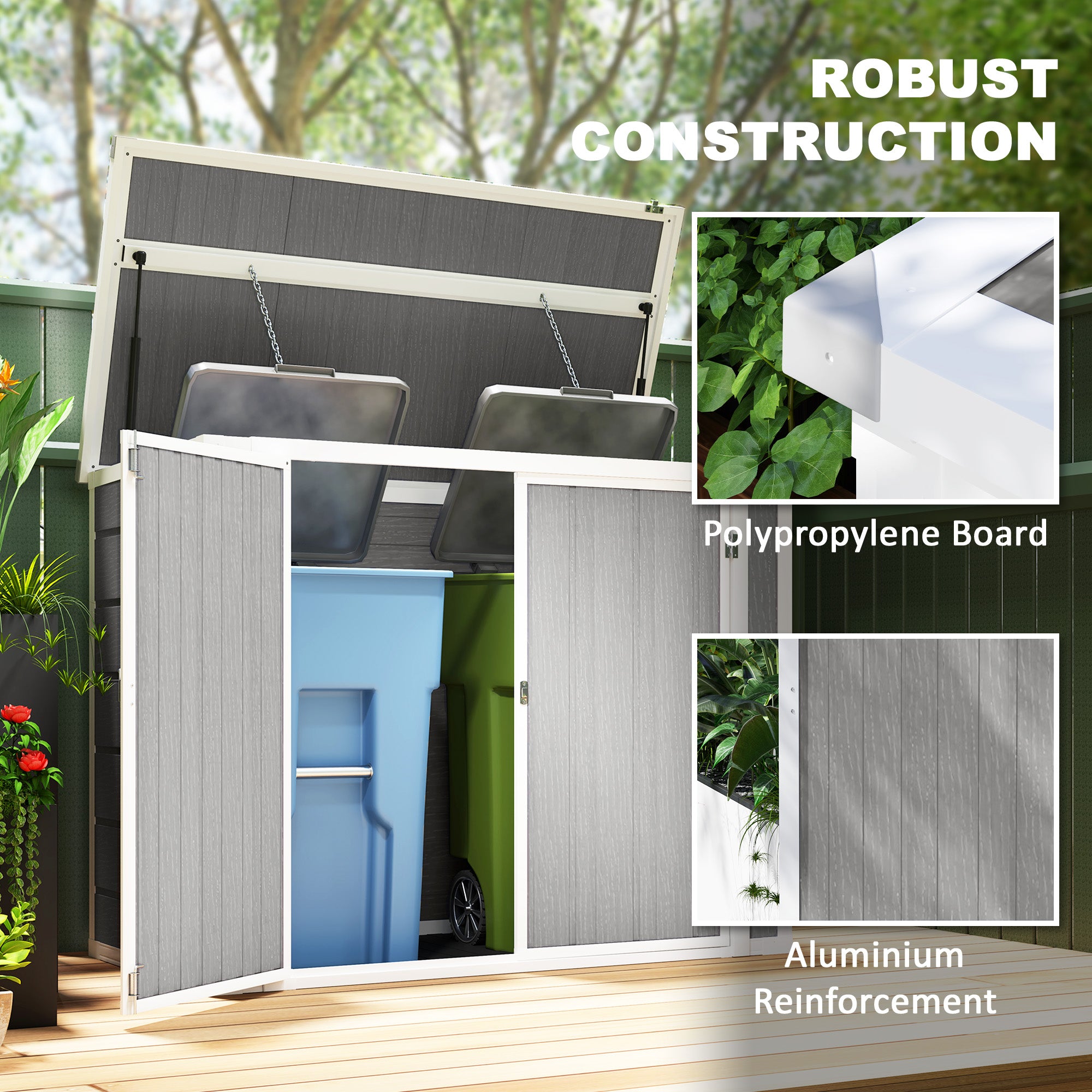 Outsunny 4.7 x 2.5FT Garden Shed, Double Bin Storage Shed with Lockable Doors, Outdoor Small Shed with Openable Lid for 2 Trash Cans, Garden Tools, Grey - North Peak Garden Furniture
