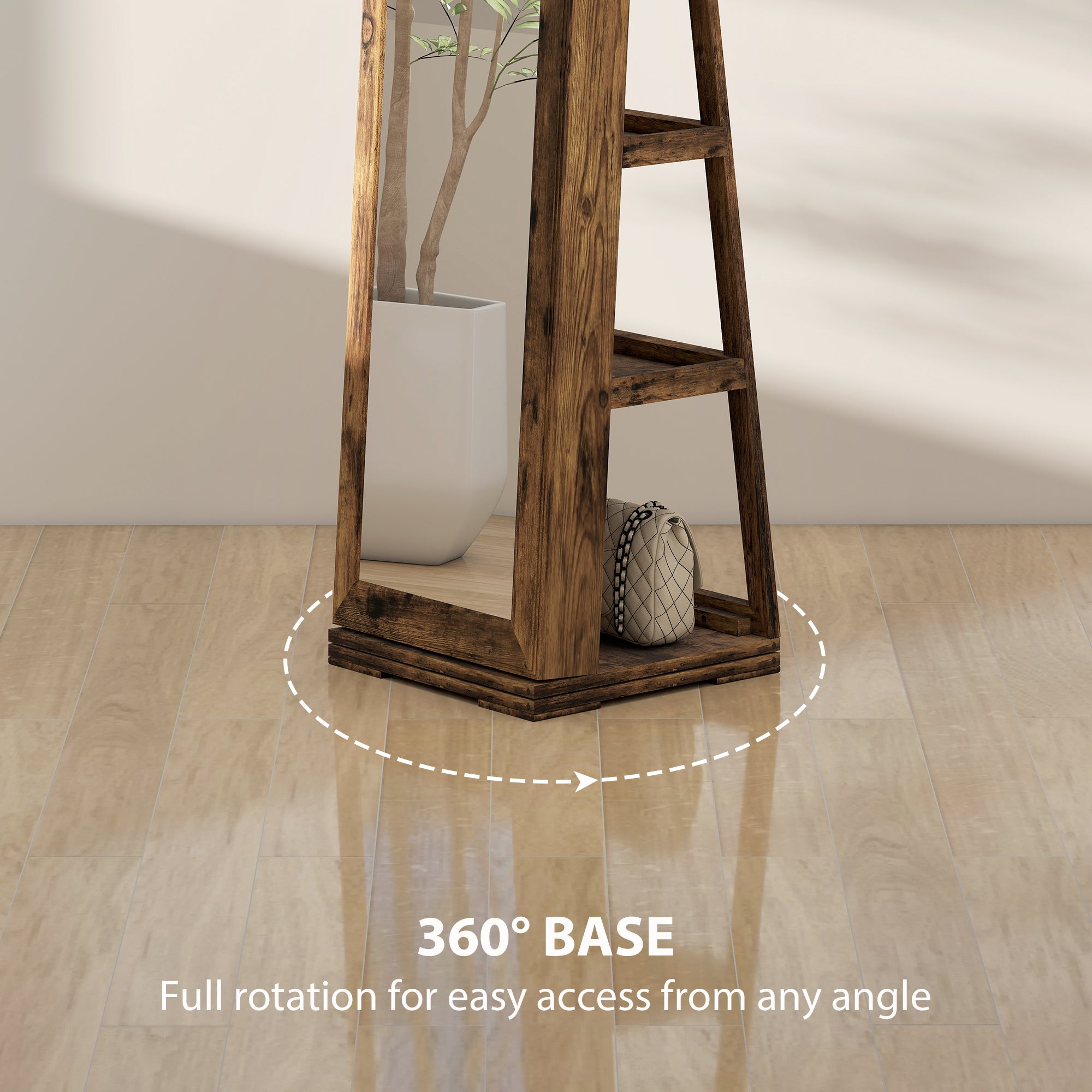 HOMCOM 360° Swivel Jewellery Cabinet, Mirror Armoire, Full Length Mirror, Lockable Jewellery Organiser with Built-In Small Mirror, Rustic Brown