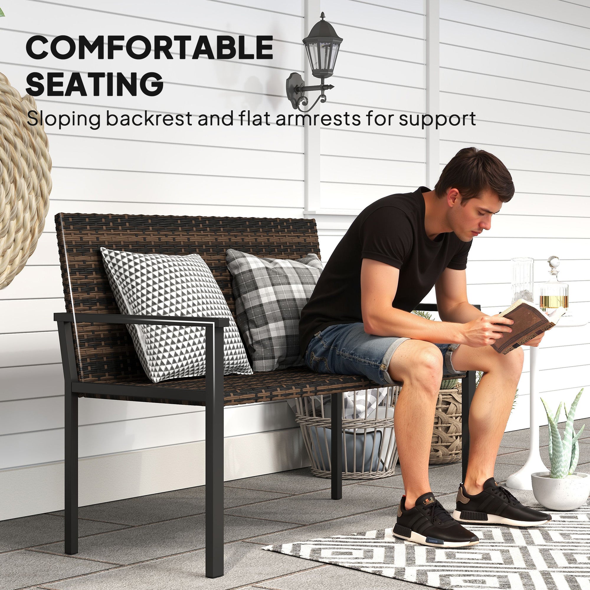 Outsunny 2 Seater Rattan Garden Bench, Outdoor Bench with Quick-Drying Cotton Padding, Wicker Garden Loveseat with Armrests, Steel Frame for Patio, Park, Mixed Brown - North Peak Garden Furniture