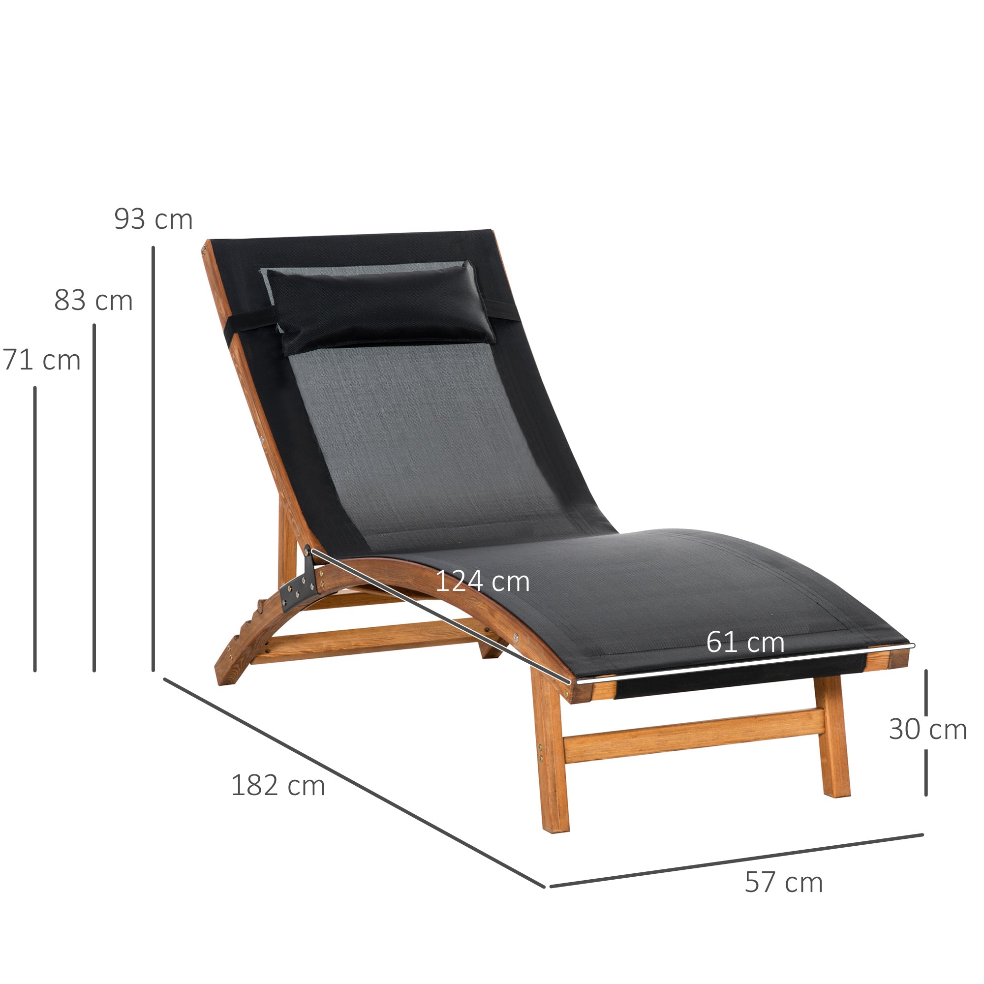 Outsunny Ergonomic Patio Lounge Chair Wooden Outdoor Chaise w/ 3 Adjustable Back and Removable Headrest Pillow for Garden Black - North Peak Garden Furniture