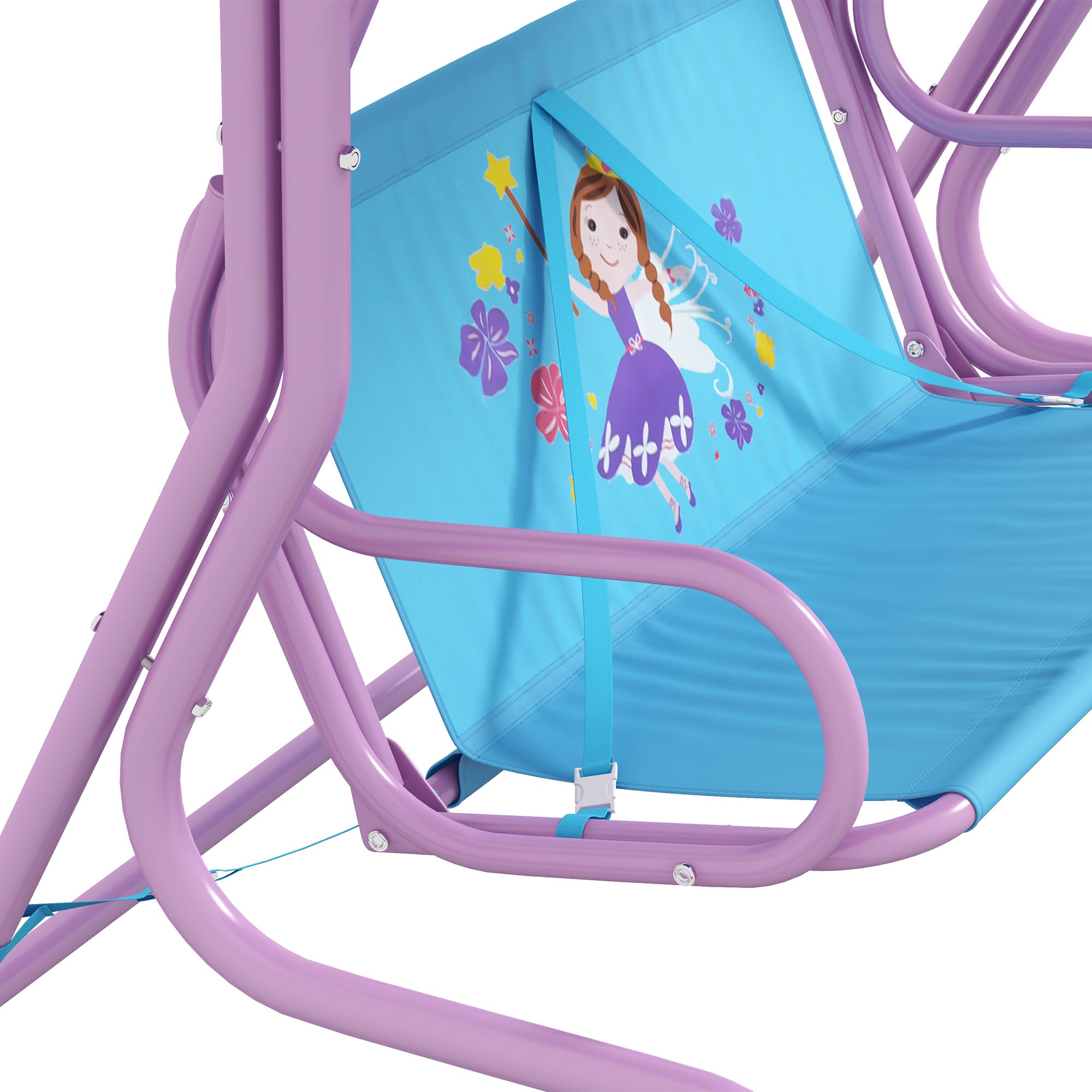 Outsunny Two Seater Kids Garden Swing, Fairy Themed kids Swing Chair with Adjustable Canopy, Safety Belts for Outdoor Use - North Peak Garden Furniture