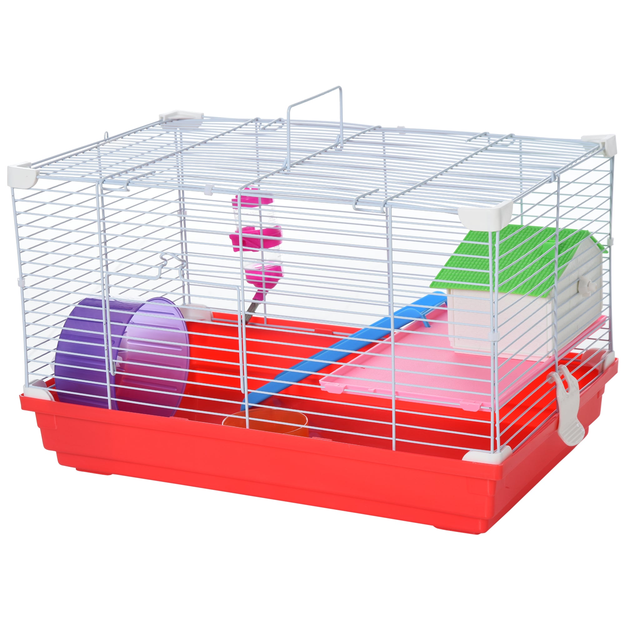 PawHut Portable 2 Storey Hamster Cage Small Pet Animal Cage Double Layers w/ Exercise Wheel Water Bottle Dishes - North Peak Garden Furniture
