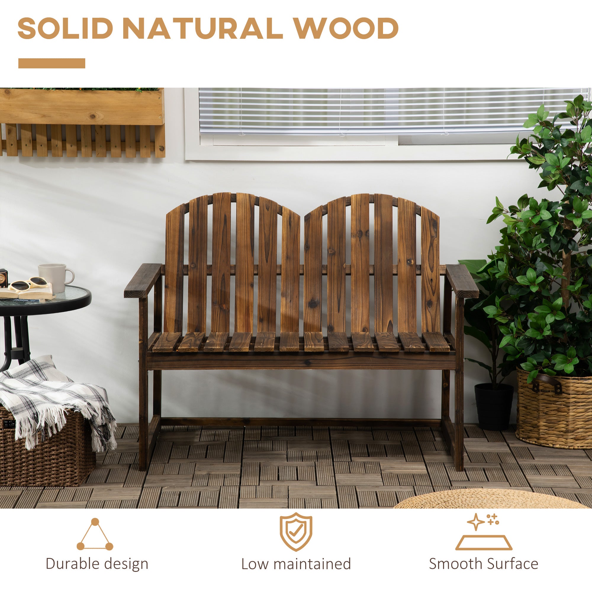 Outsunny Outdoor Wooden Garden Bench, Patio Loveseat Chair with Slatted Backrest and Smooth Armrests for Two People, for Yard, Lawn, Porch, Carbonised Finish - North Peak Garden Furniture