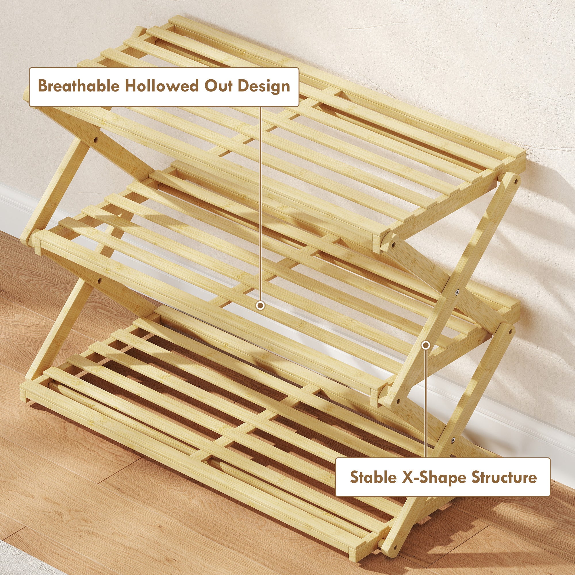 HOMCOM Three-Tier Folding Bamboo Shoe Rack - Natural Finish