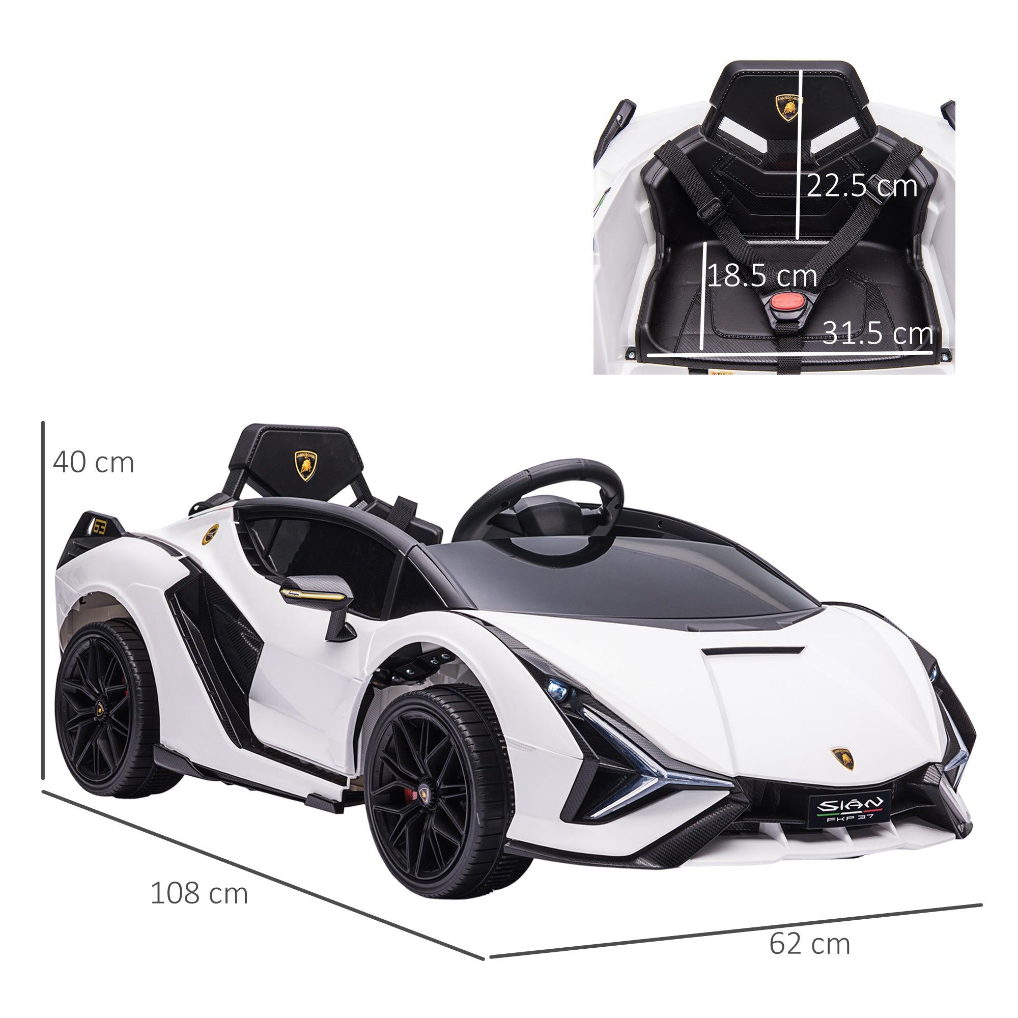 HOMCOM Lamborghini Sian Licensed 12V Kids Electric Ride On Car 2 Motors Toy Car with Remote Control Music Lights MP3 for 3-5 Years White - North Peak Garden Furniture