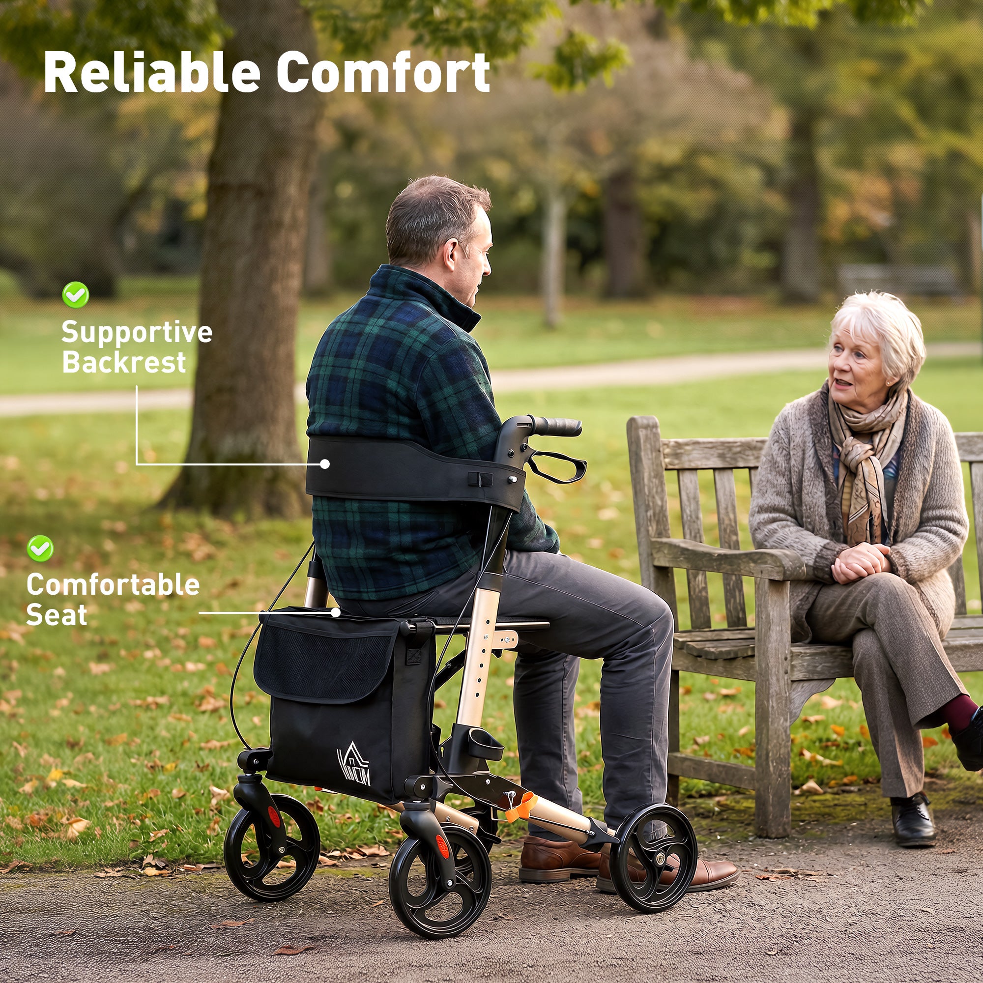 HOMCOM 4 Wheel Rollator with Seat and Back, Folding Mobility Walker with Carry Bag, Adjustable Height, Dual Brakes, Cane Holder, Lightweight Aluminium Walking Frame for Seniors and Disabled, Gold Tone