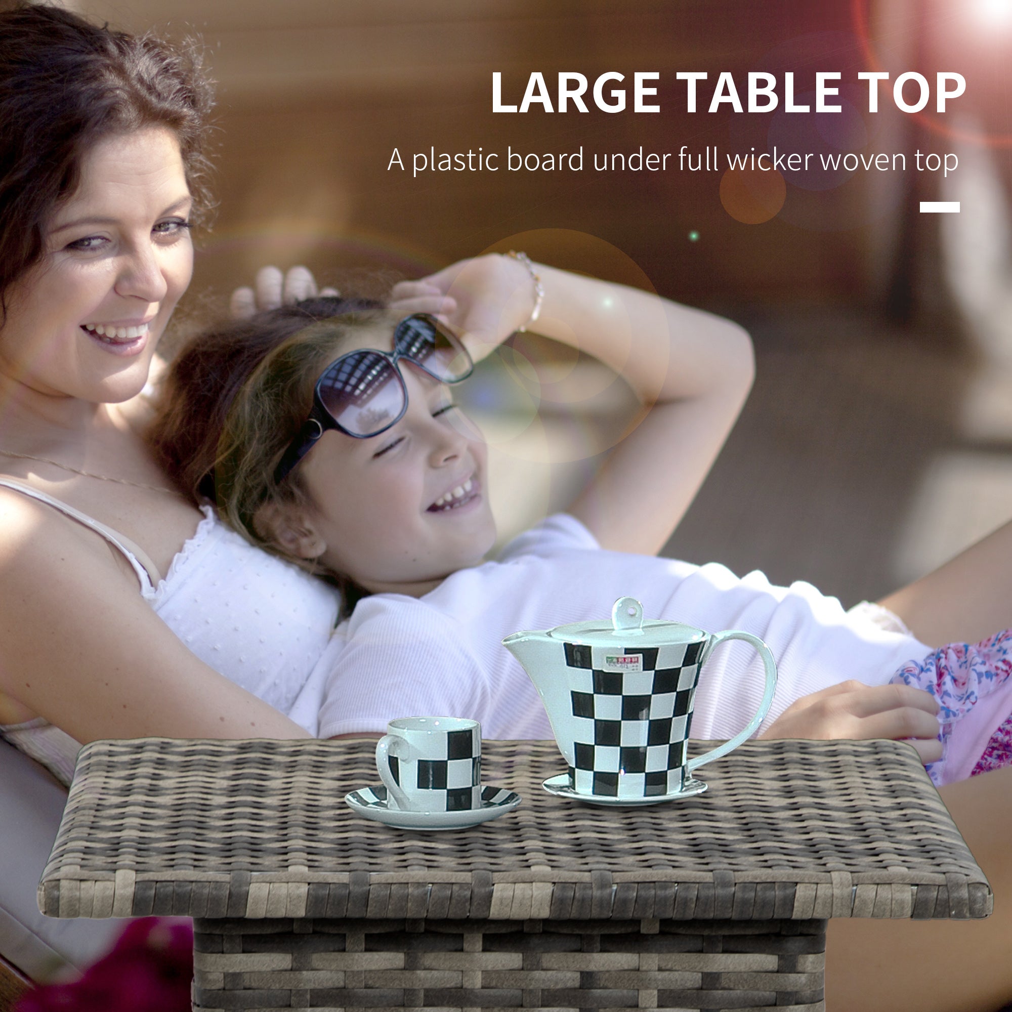 Outsunny Rattan Side Table, Outdoor Coffee Table with Plastic Board Under the Full Woven Table Top for Patio, Garden, Balcony, Mixed Grey - North Peak Garden Furniture