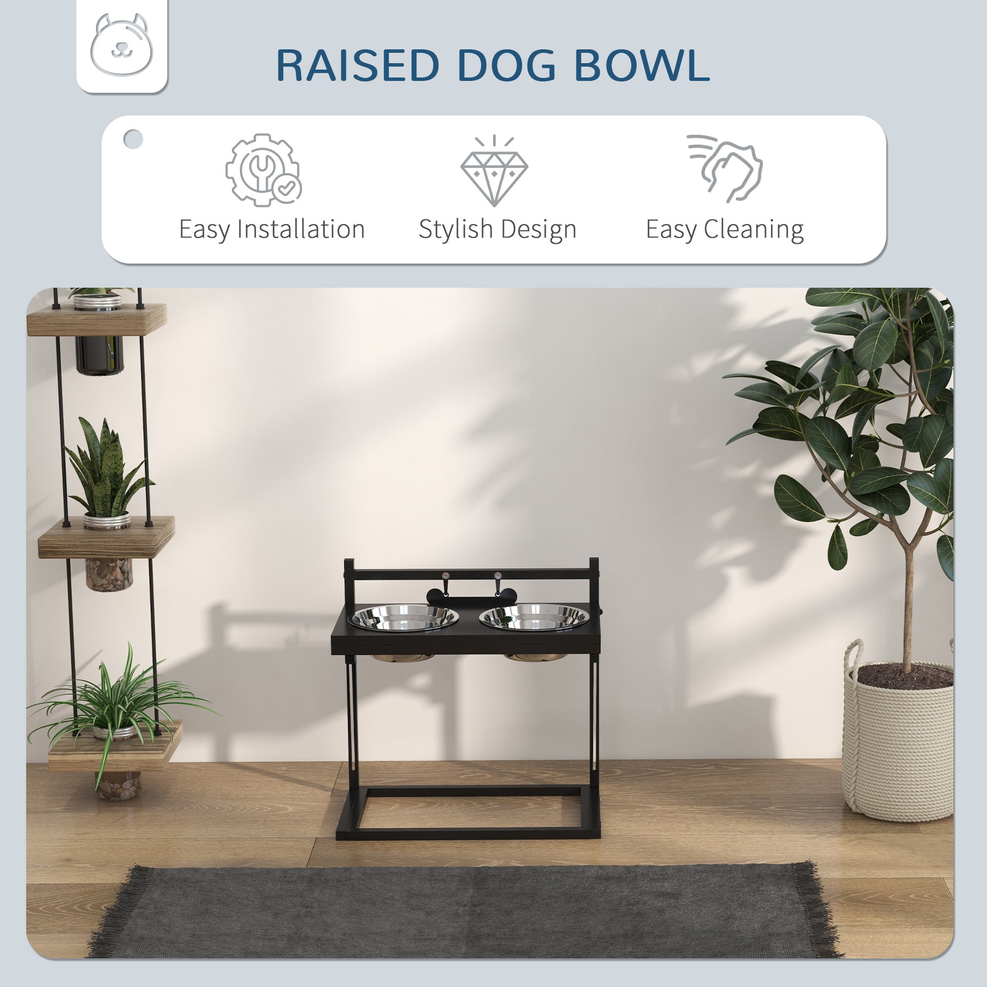 PawHut Dog Bowls with Stand, Adjustable Height Elevated Dog Bows for Small Medium Large Dogs - Black - North Peak Garden Furniture