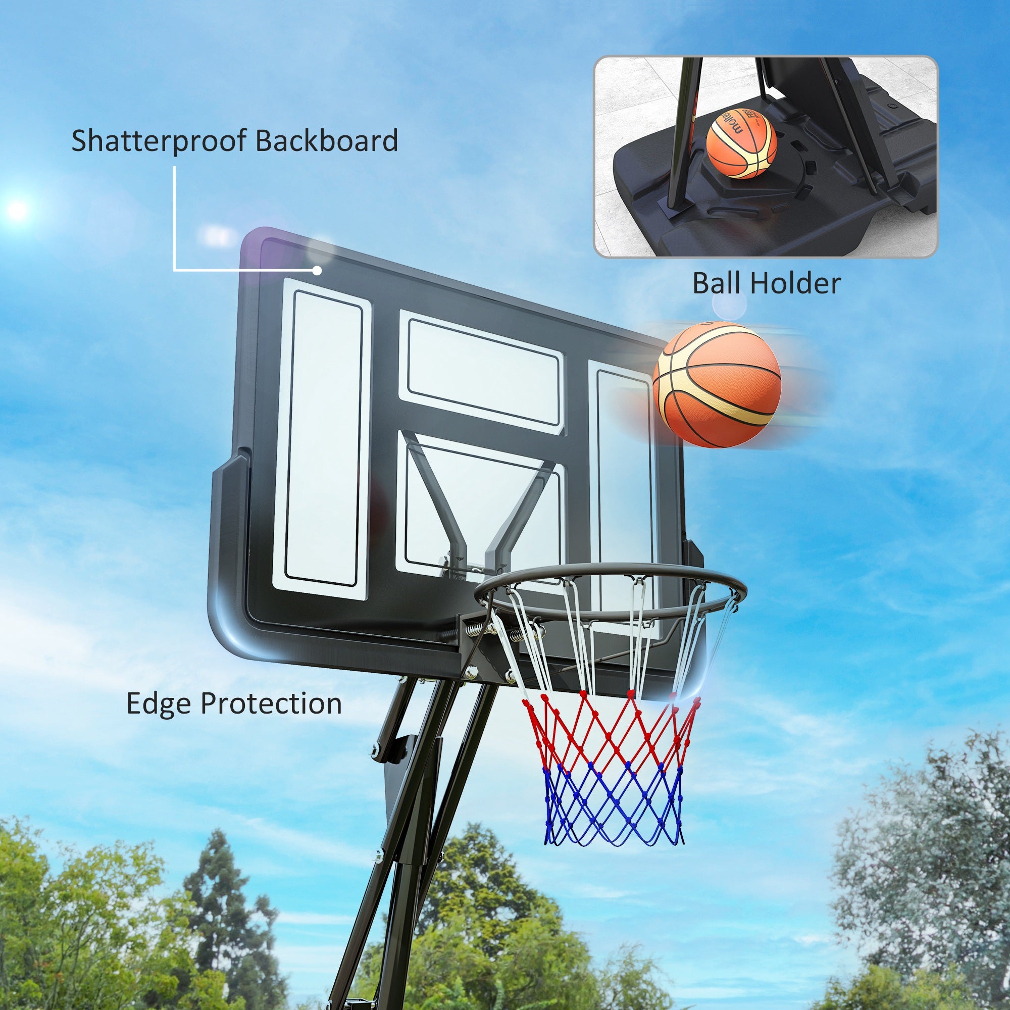 SPORTNOW Basketball Hoop Outdoor, Height Adjustable Basketball Hoop and Stand with Rebound System, Weighted Base, Portable on Wheels, 2.45-3.05m, for Teens, Juniors, Adults, Black