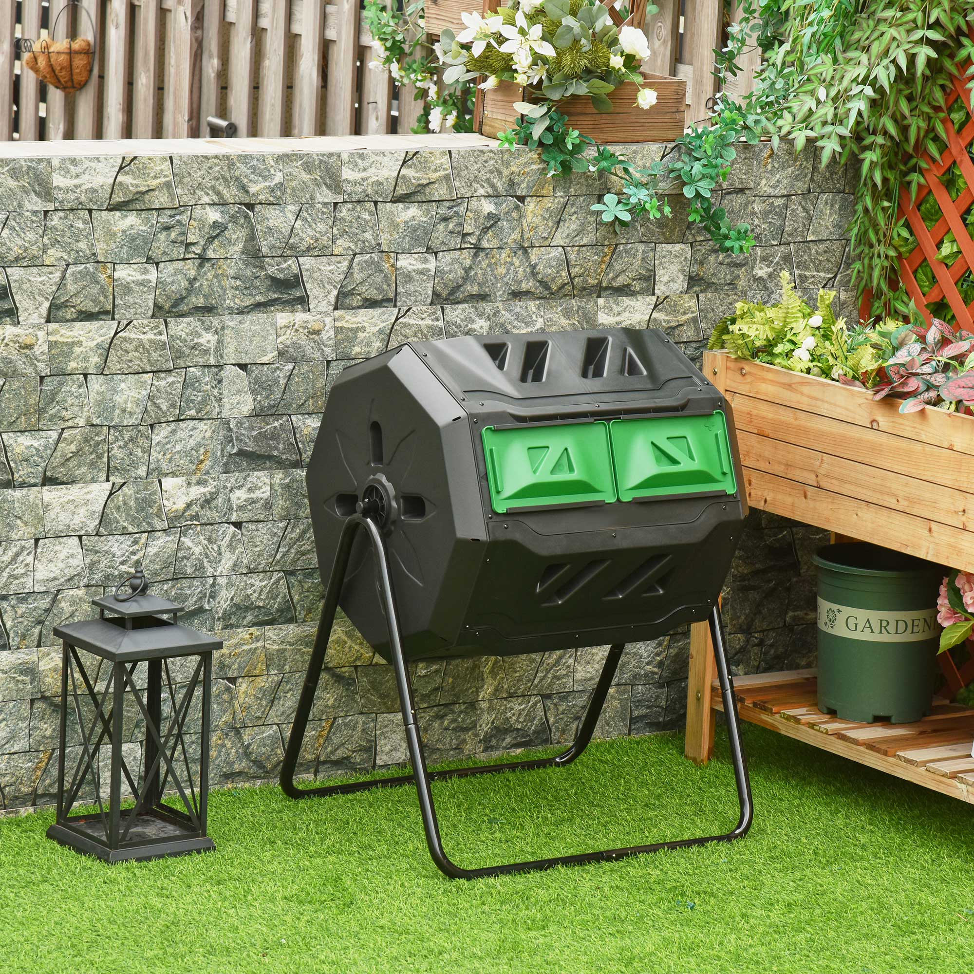 Outsunny 160L Tumbling Compost Bin Outdoor Dual Chamber 360° Rotating Composter, Garden Compost Bin w/ Sliding Doors & Solid Steel Frame, Black - North Peak Garden Furniture