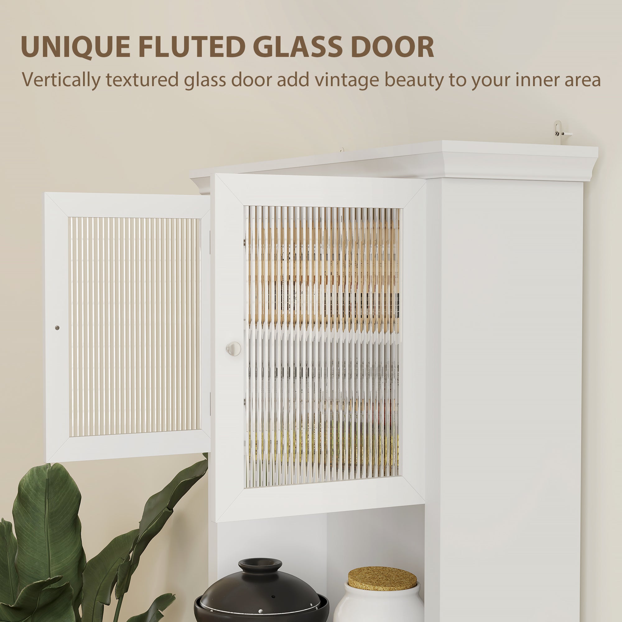 HOMCOM 4-Door Kitchen Cupboard with Drawer, Freestanding Kitchen Cabinet with Glass Doors, Adjustable Shelves and Open Counter, White - North Peak Garden Furniture