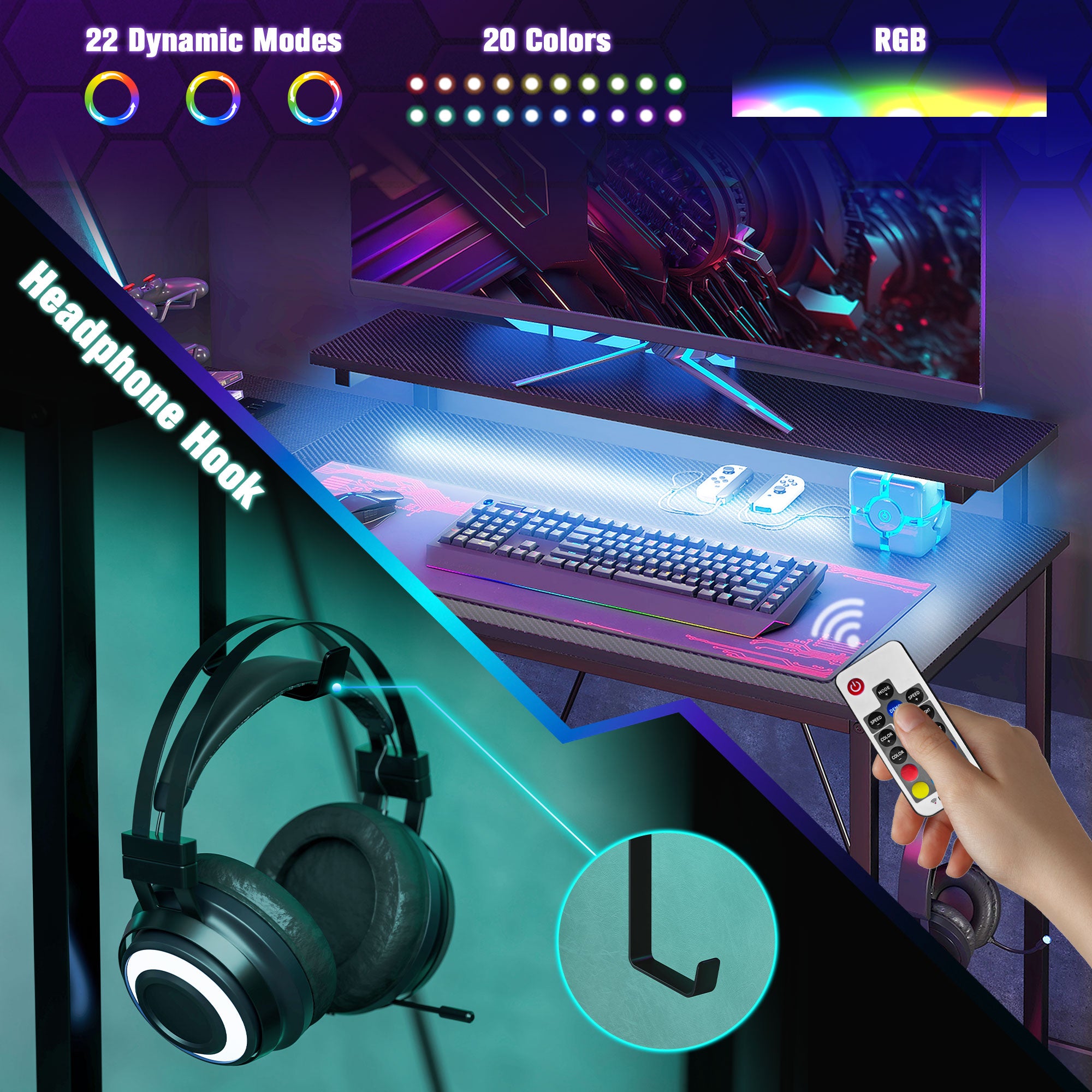 HOMCOM Reversible 'L' LED Light Gaming/Work Desk - Black - North Peak Garden Furniture
