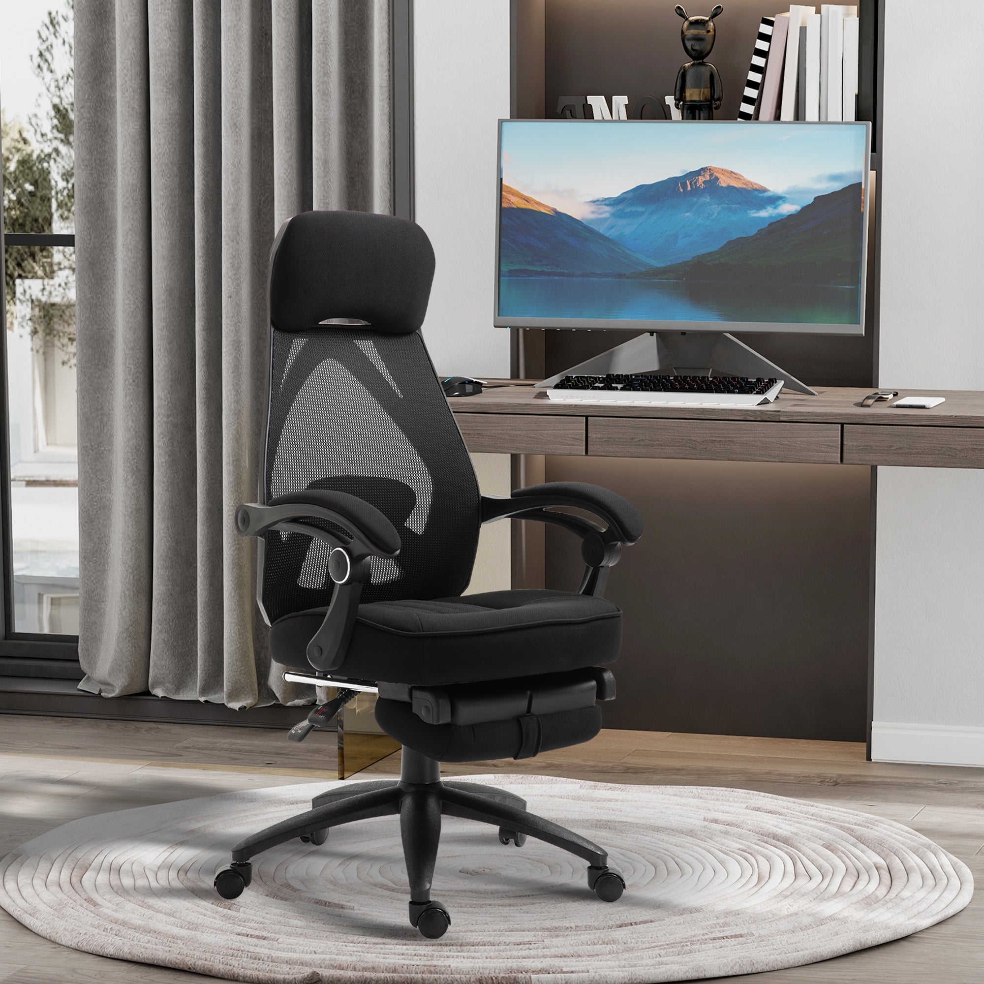 Vinsetto Office Chair with Footrest,High Back Swivel Desk Chair with Adjustable Height and Headrest for Home Office, Black - North Peak Garden Furniture