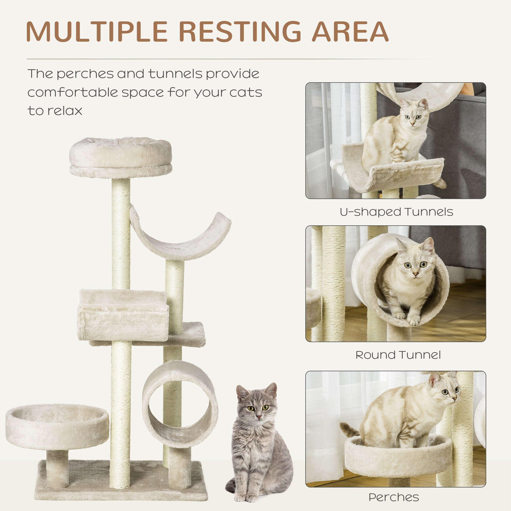 PawHut Cat Tree for Indoor Cats Kitten Pet Scratching Post Perch Activity Center Scratcher Climb Post Play House Arch with Tunnel 105cm Tall Beige - North Peak Garden Furniture