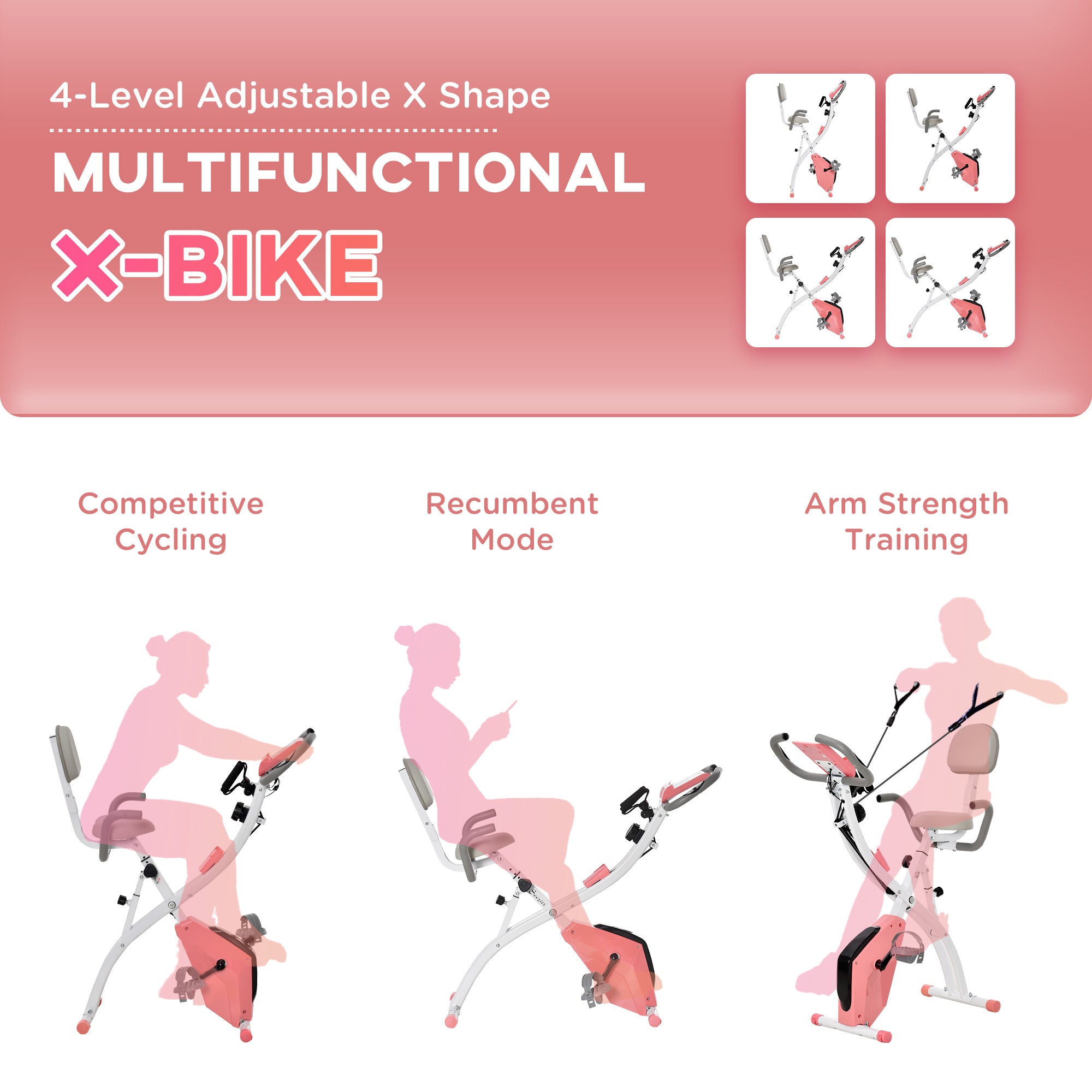 HOMCOM 2-in-1 Folding Exercise Bike with 8-Level Magnetic Resistance, Arm Resistance Band, Pulse Sensor, Pink - North Peak Garden Furniture