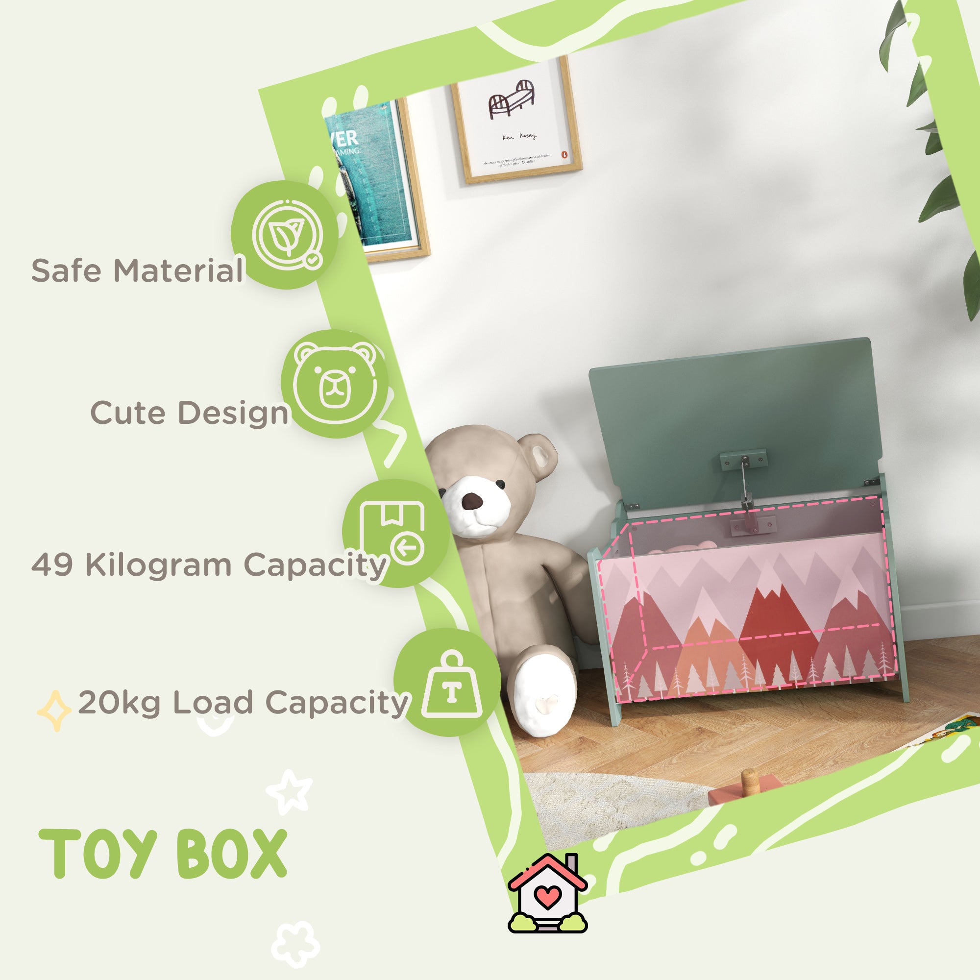 ZONEKIZ Toy Box, Kids Storage Chest, with Lid, Safety Hinge - Green - North Peak Garden Furniture