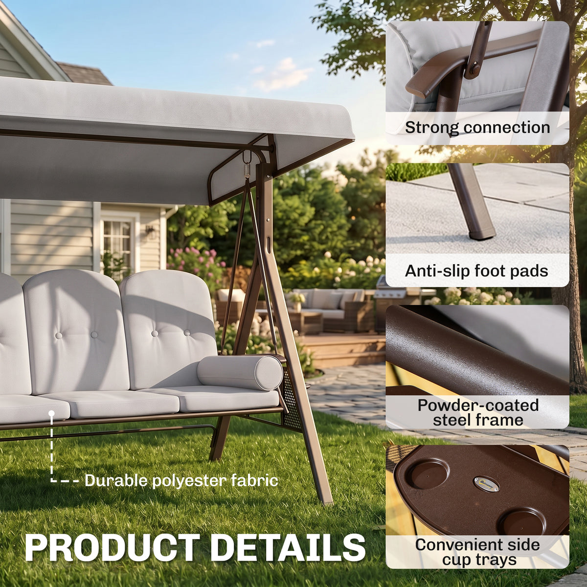 Outsunny 3 Seater Canopy Swing Chair, Outdoor Garden Swing Seat with Adjustable Canopy, Cushions and Cup Trays, Steel Frame, Light Grey