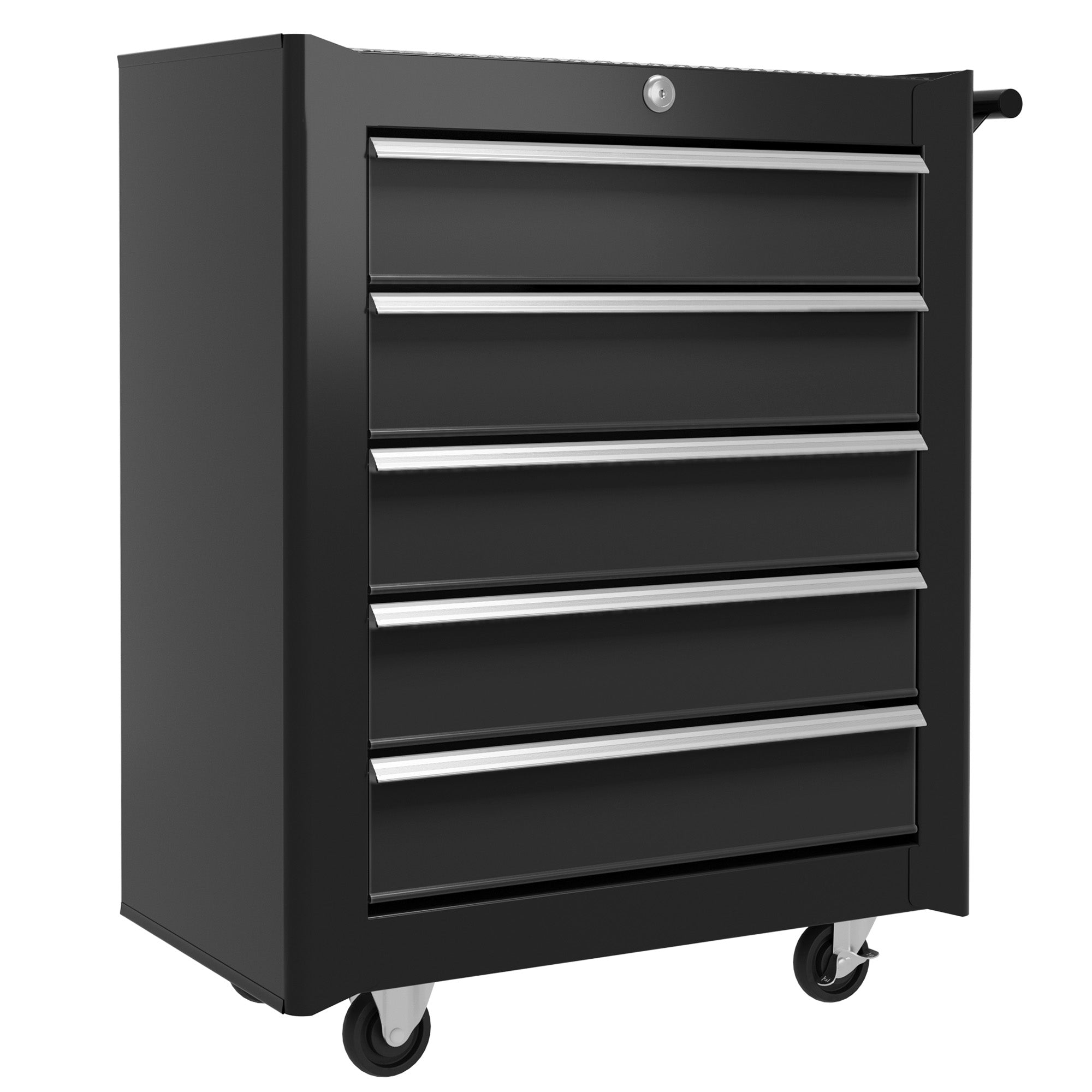 HOMCOM 5-Drawer Tool Chest with Wheels, Steel Lockable Tool Storage Cabinet with Handle, 2 Keys for Garage, Workshop, Black - North Peak Garden Furniture