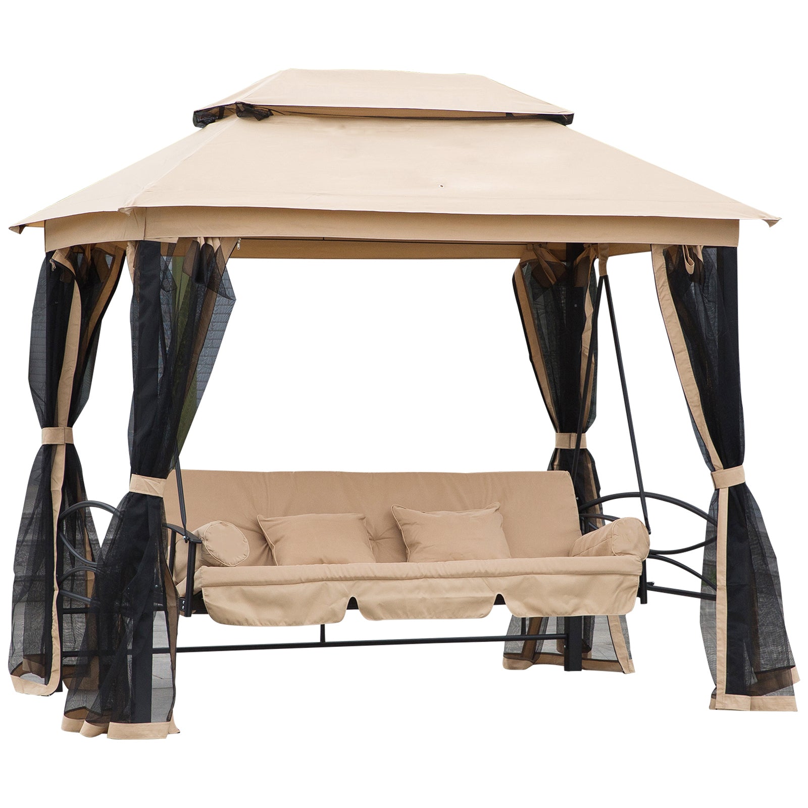 Outsunny 3 Seater Swing Chair 3-in-1 Convertible Hammock Bed Gazebo Patio Bench Outdoor with Double Tier Canopy, Cushioned Seat, Mesh Sidewalls, Beige