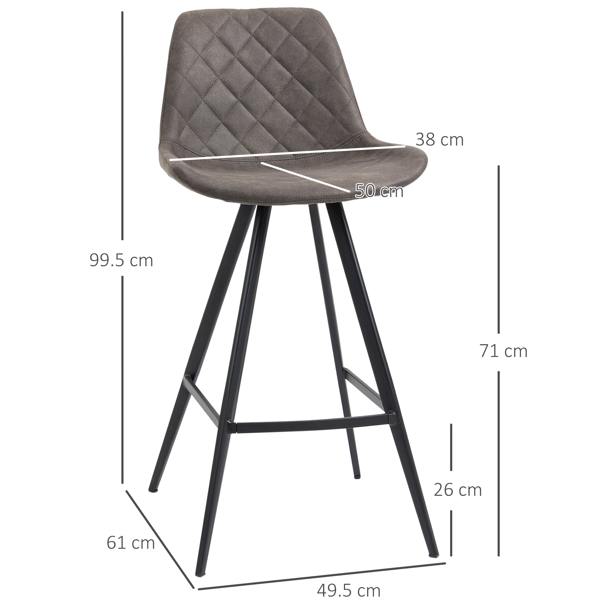 HOMCOM Set Of 2 Bar Stools Vintage Microfiber Cloth Tub Seats Padded Comfortable Steel Frame Footrest Quilted Home Bar Cafe Kitchen Chair Stylish Dark Grey