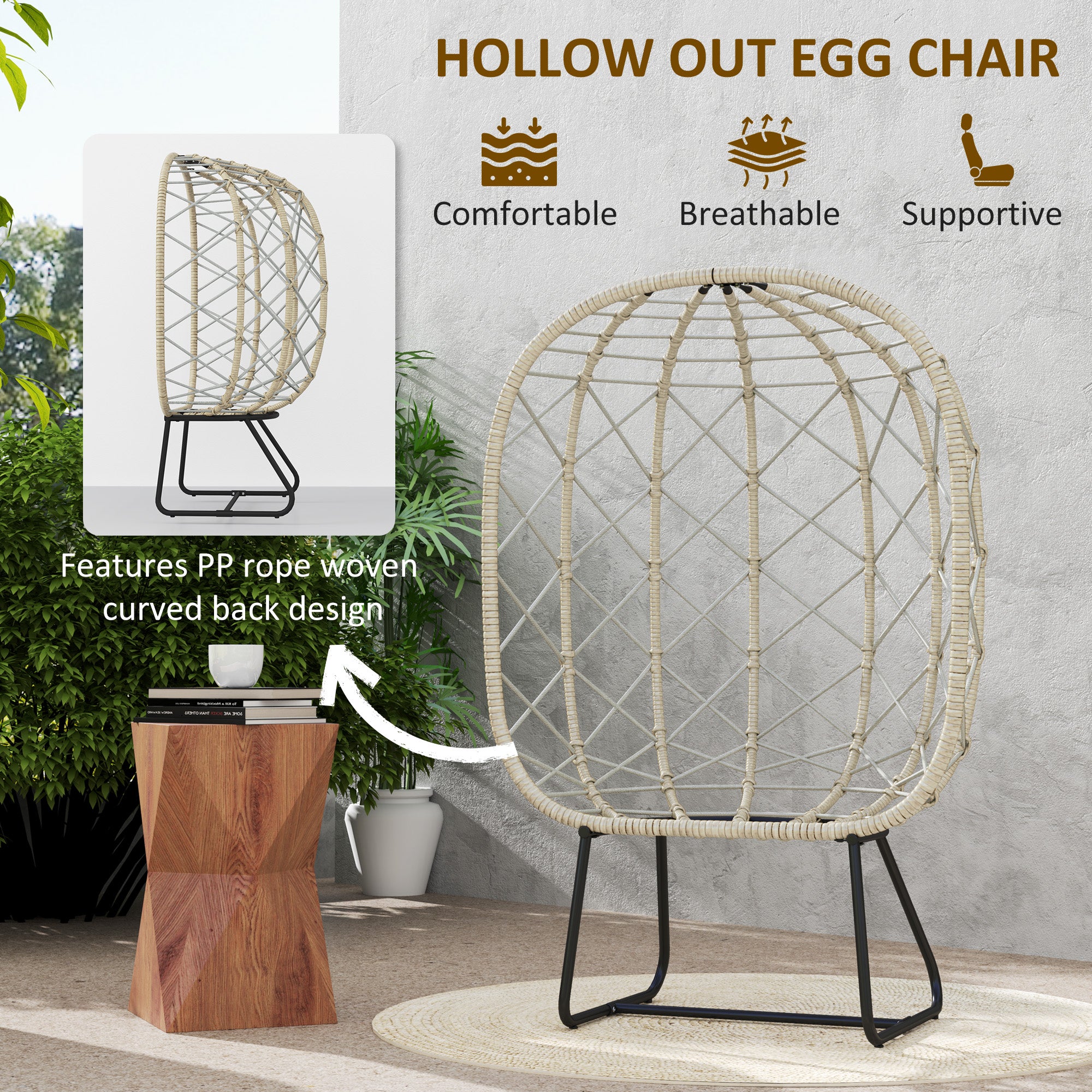 Outsunny Rattan Egg Chair Outdoor Indoor Wicker Chair with Thickened Cushion and Headrest, Standing Garden Egg Chair with Cup Holder, Metal Frame for Patio, Balcony, Grey - North Peak Garden Furniture