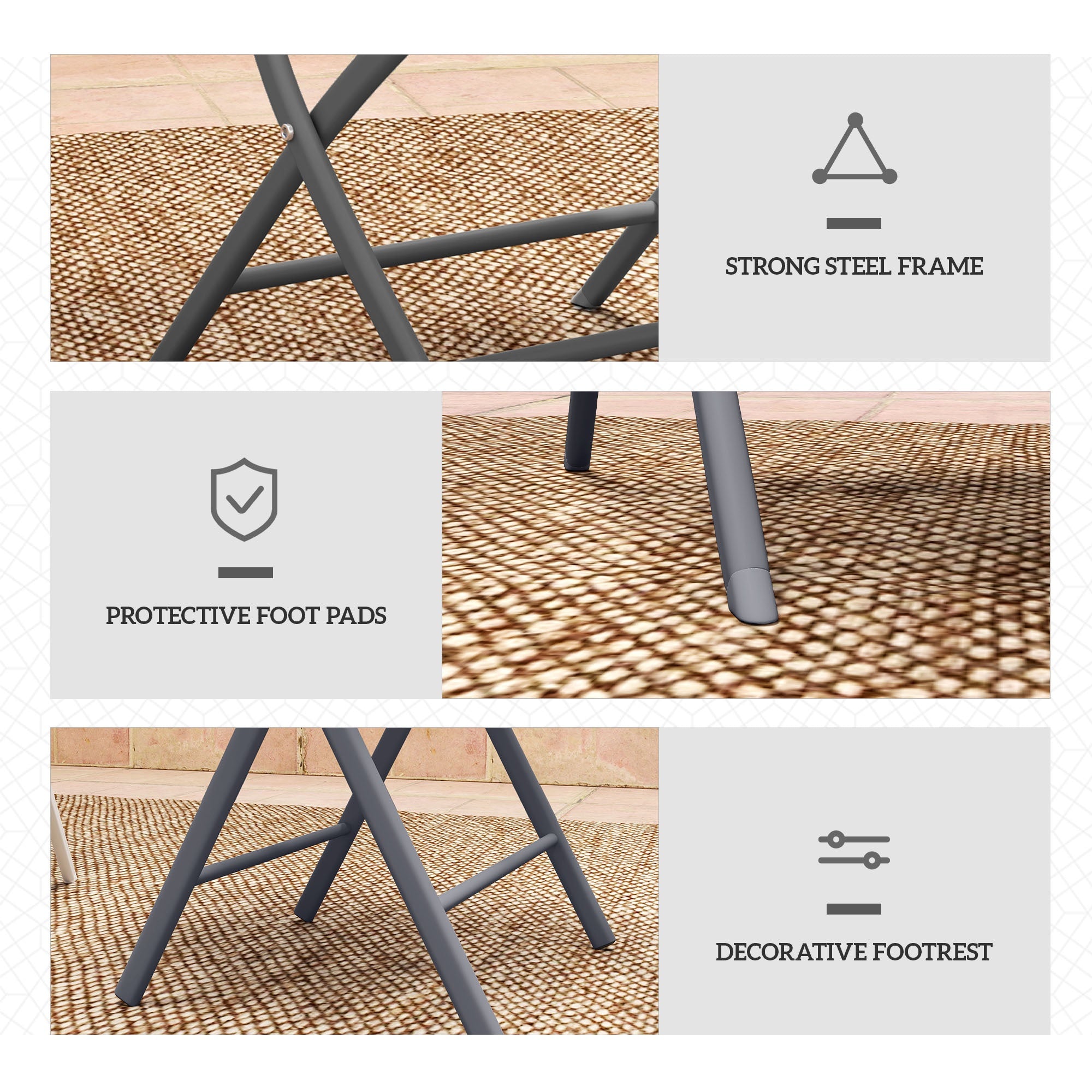 Outsunny 3 Pieces Outdoor Bistro Set, Glass Top Outdoor Table and 2 Folding Chairs with Protecting Feet, Grey - North Peak Garden Furniture