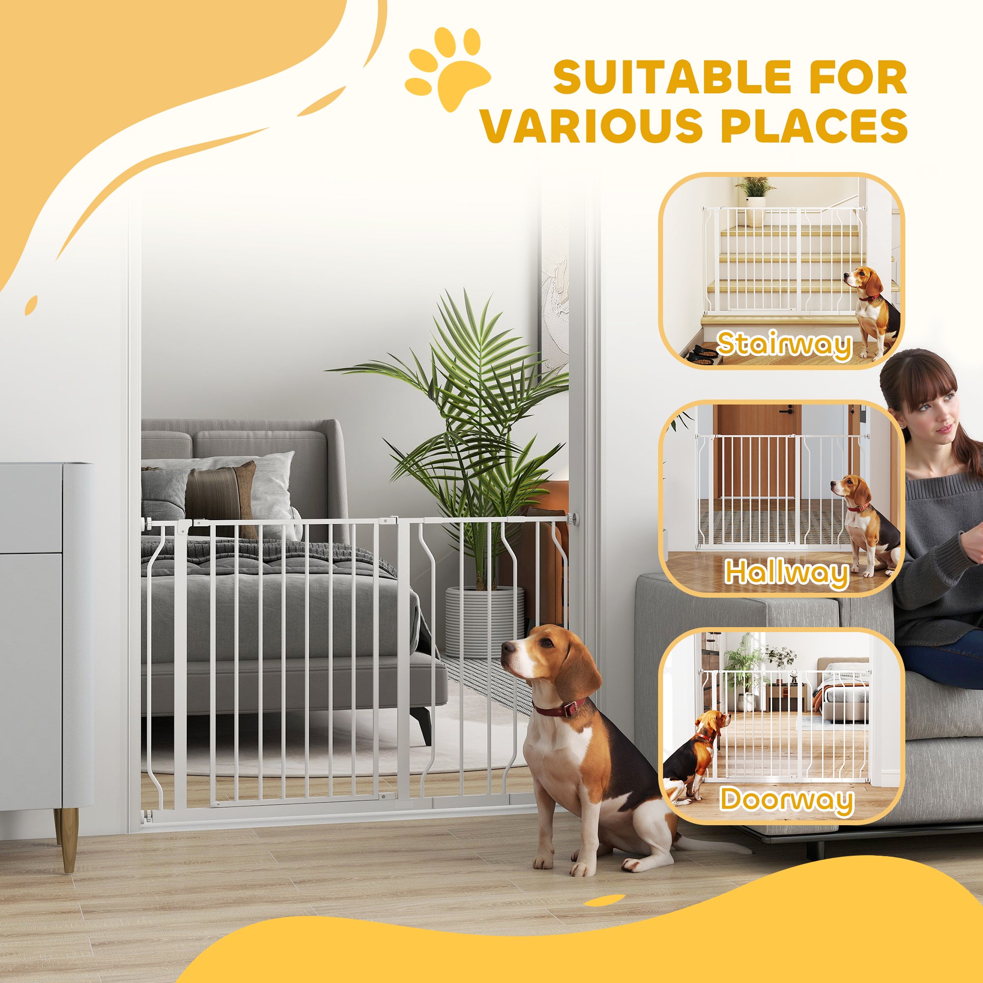 PawHut Wide Dog Safety Gate, with Door Pressure, for Doorways, Hallways, Staircases - White - North Peak Garden Furniture