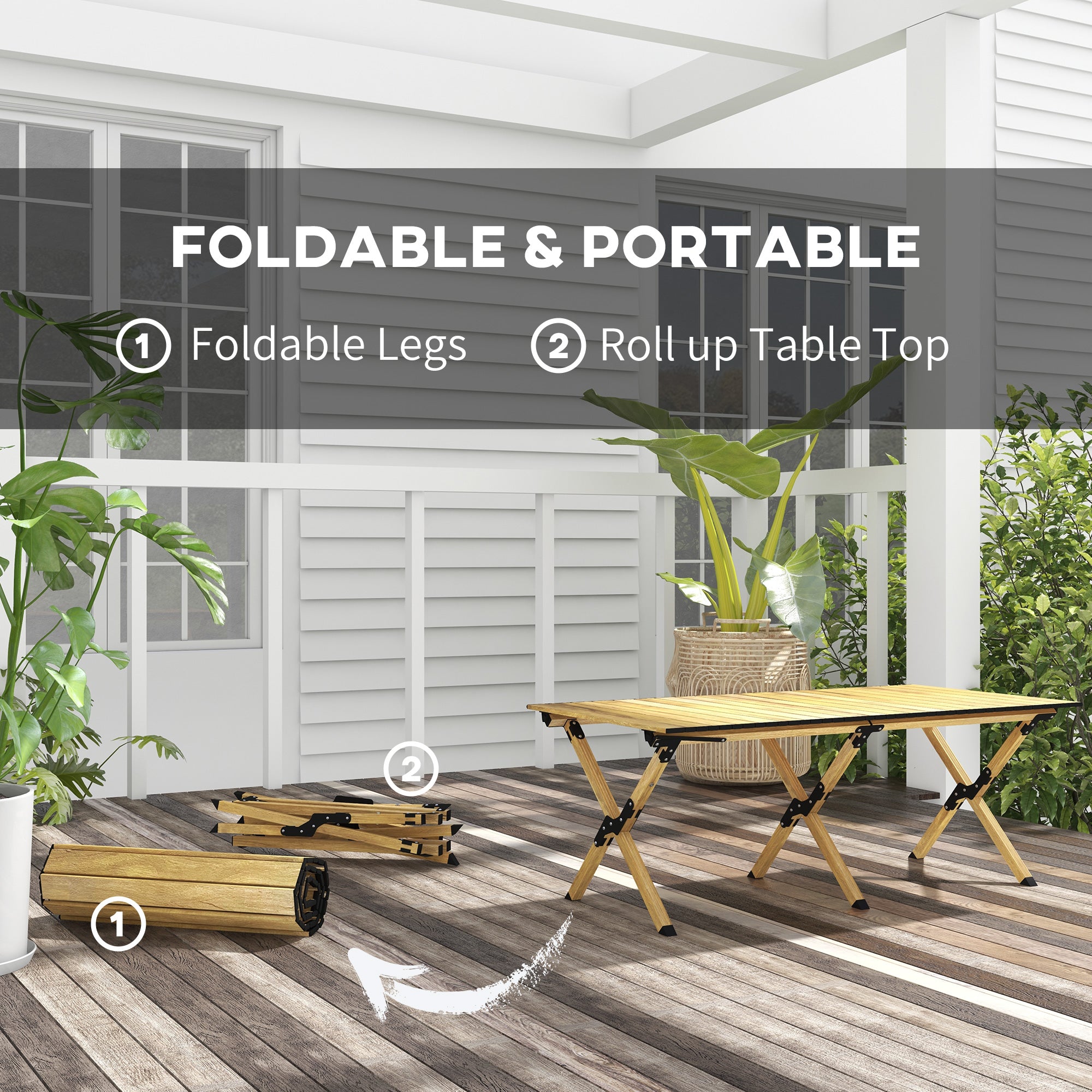 Outsunny Portable Camping Table, 4ft Aluminium Folding Table with Roll-Up Top, Picnic Table for Indoor, Outdoor, Party, BBQ, Beach, Natural Wood Effect - North Peak Garden Furniture