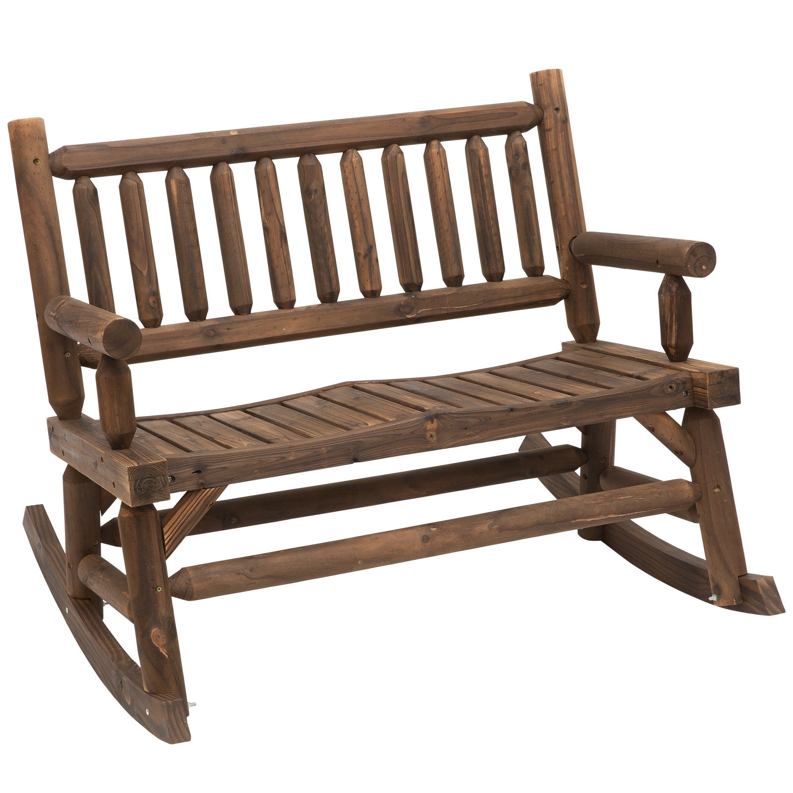 Outsunny Garden 2-Seater Rocking Bench Wood Frame Rough-Cut Log Loveseat Slatted High Back Rustic Style with Armrests - Dark Stain Brown