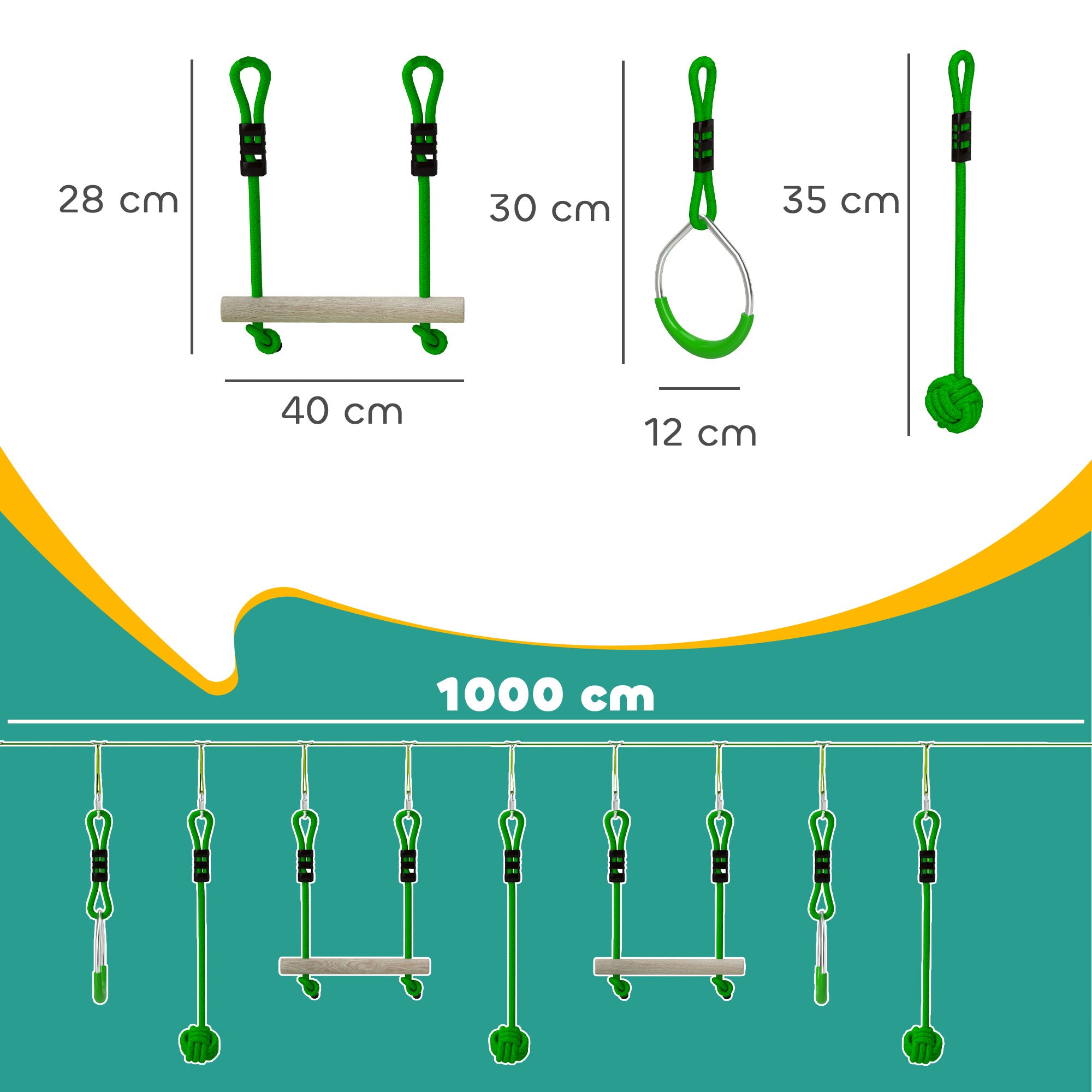 AIYAPLAY 7 Piece Kids Zip Line Kit for Garden, 10m Kids Slackline Kit with Wooden Monkey Bars, Metal Rings, Gripping Balls, Green - North Peak Garden Furniture