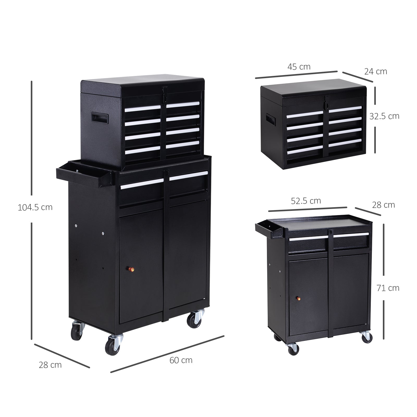 DURHAND Tool Chest 2 in 1 Metal Tool Cabinet Storage Box with 5 Drawers Pegboard Wheels 60x28x104.5cm Black - North Peak Garden Furniture