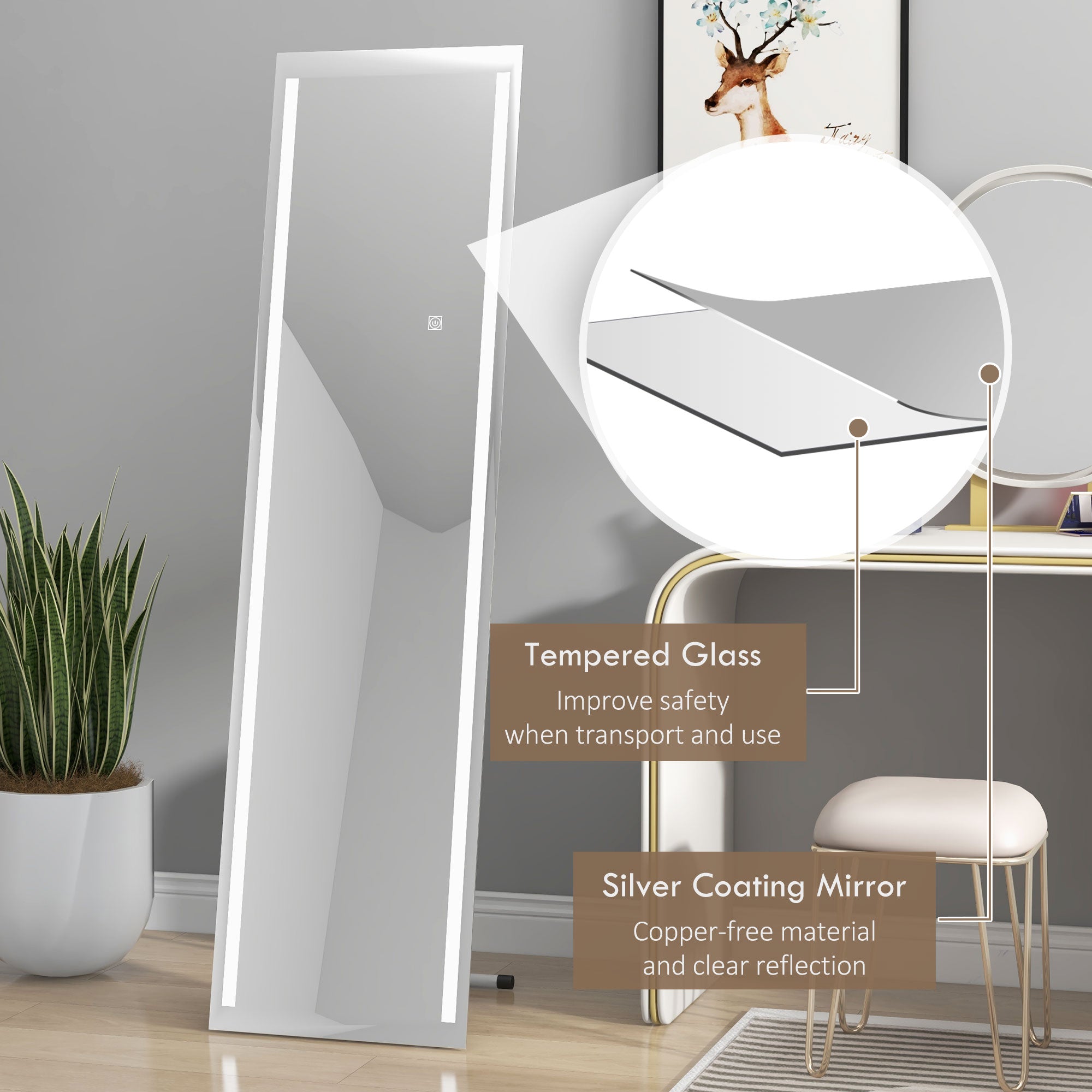 HOMCOM Standing Dressing Mirror with LED Lights, Wall Dressing Mirror for Bedroom with Dimmable and 3 Colour Lighting, White - North Peak Garden Furniture