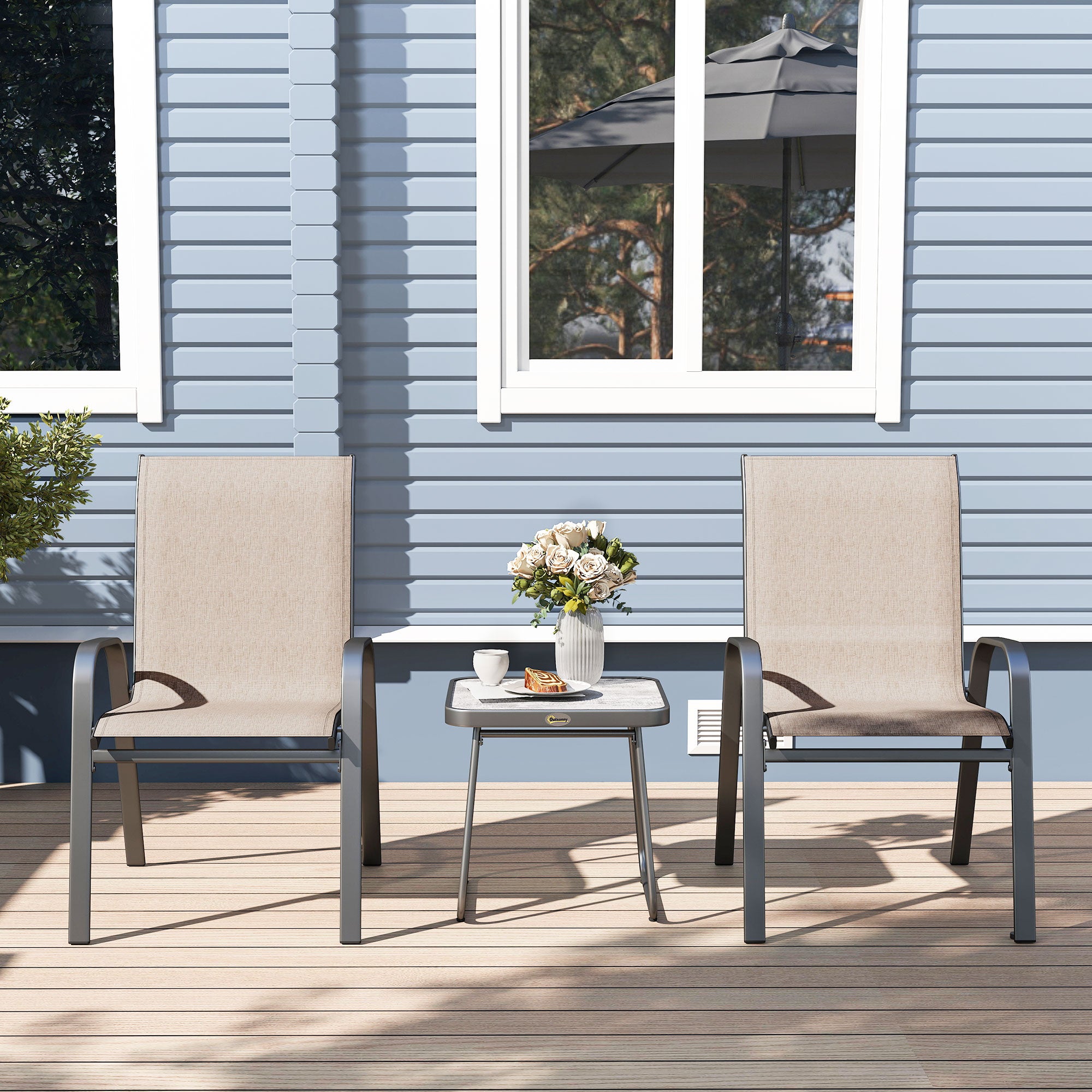 Outsunny 3 Pieces Outdoor Bistro Set, Patio Stackable Armchairs with Breathable Mesh Fabric and SPC Board Coffee Table, Brown - North Peak Garden Furniture
