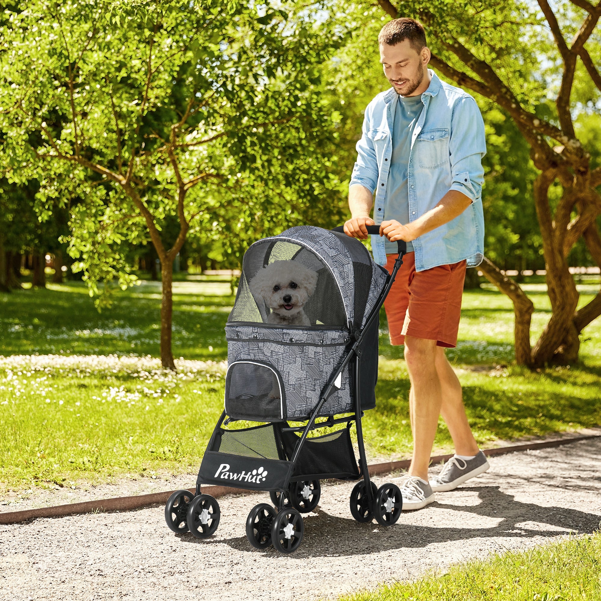 PawHut Foldable Pet Stroller for Dogs, Puppy Stroller, with Large Carriage, Brakes, Canopy - Grey - North Peak Garden Furniture