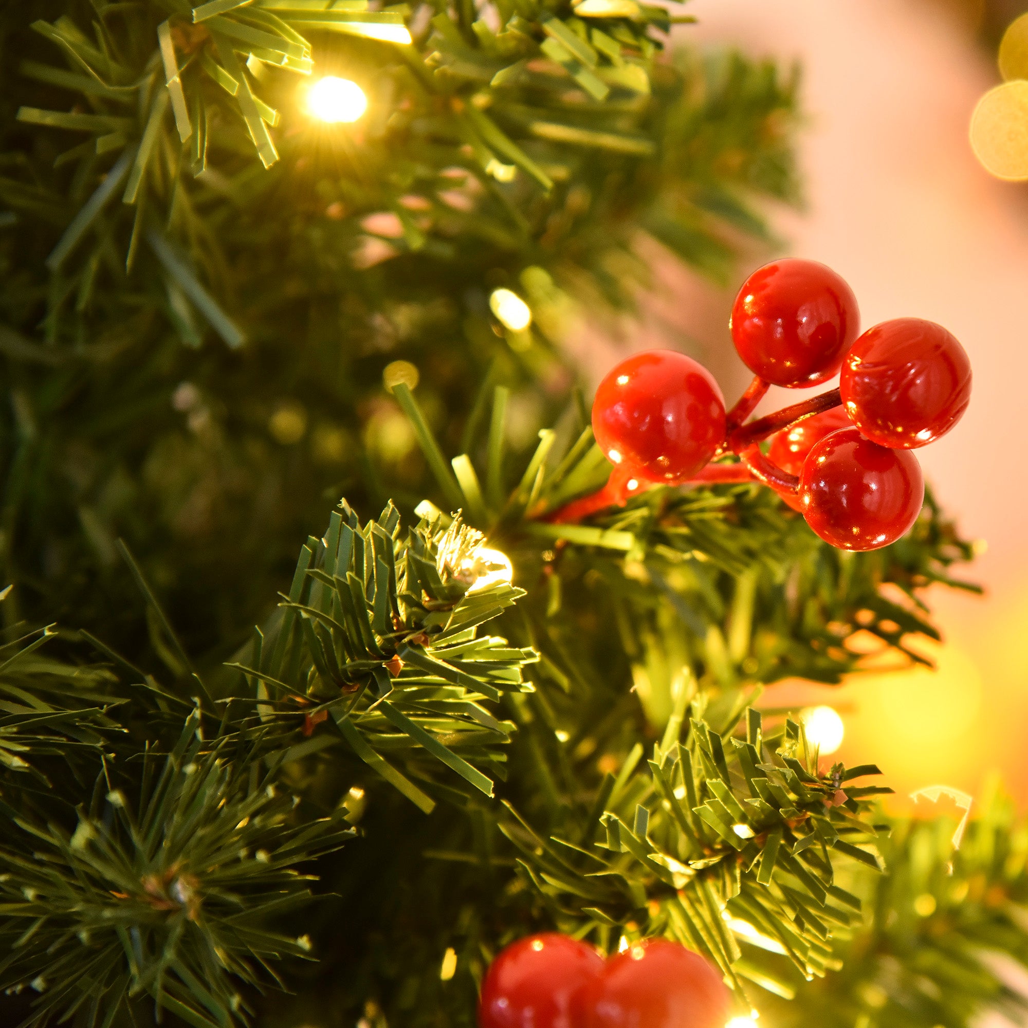 HOMCOM 5FT Prelit Artificial Pencil Christmas Tree with Warm White LED Light, Red Berry, Holiday Home Xmas Decoration, Green - North Peak Garden Furniture