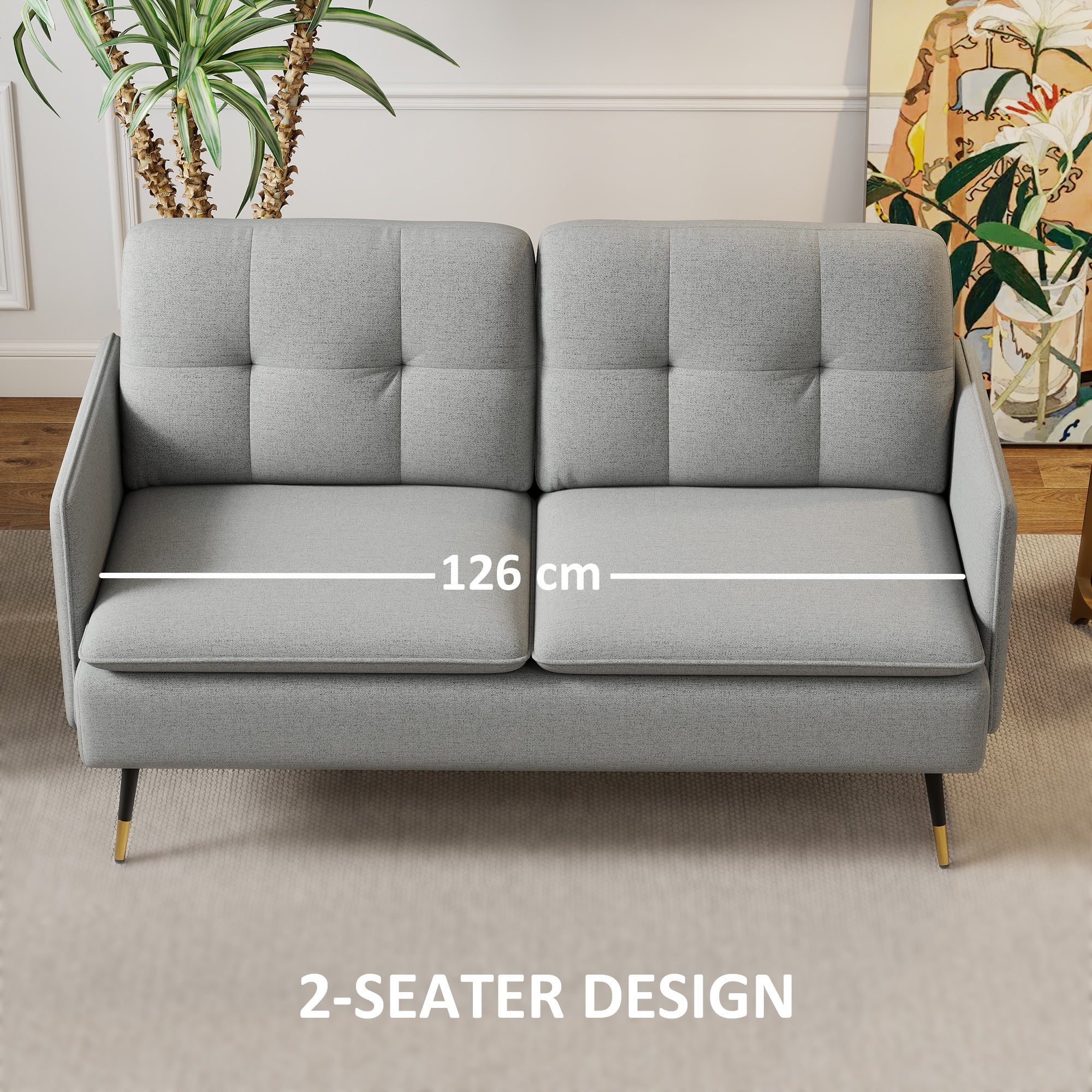 HOMCOM Modern Two Seater Sofa, Button Tufted Loveseat with Cushions and Steel Legs for Living Room, Guest Room, Grey - North Peak Garden Furniture