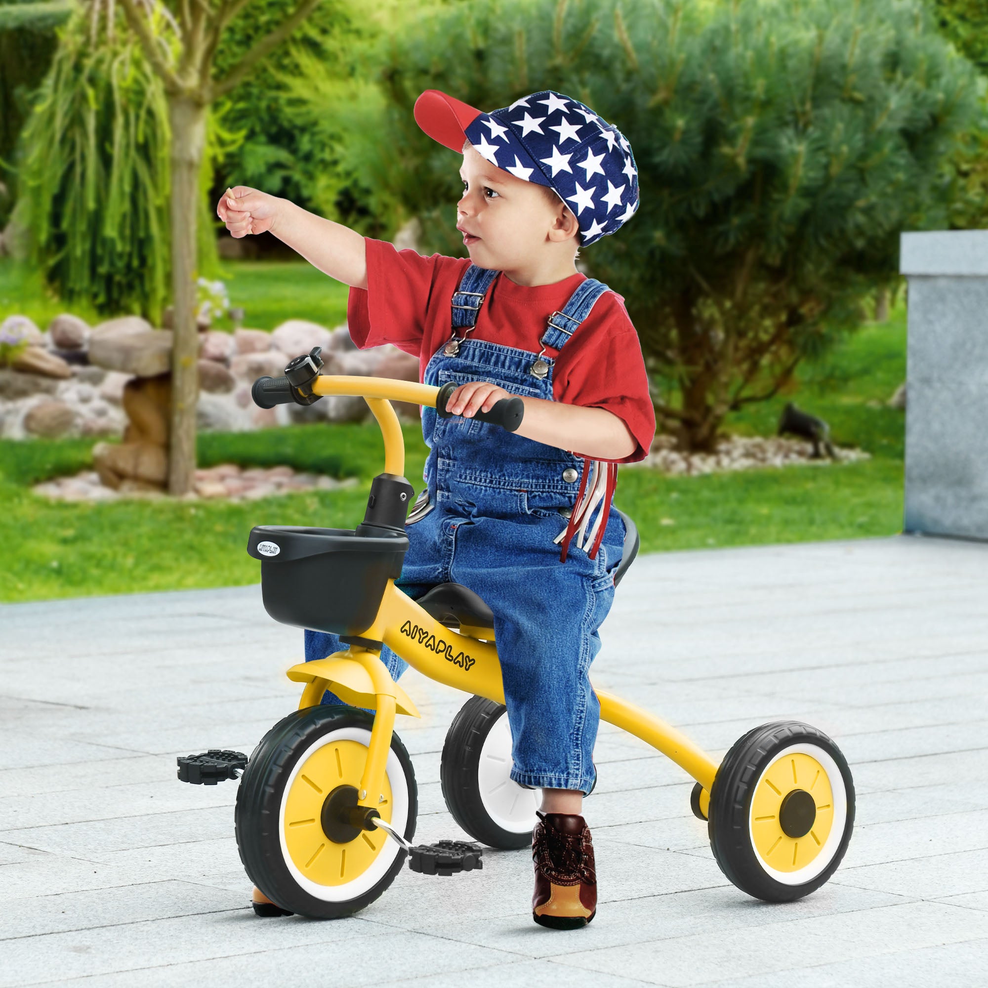 AIYAPLAY Kids Trike, Tricycle, with Adjustable Seat, Basket, Bell, for Ages 2-5 Years - Yellow - North Peak Garden Furniture