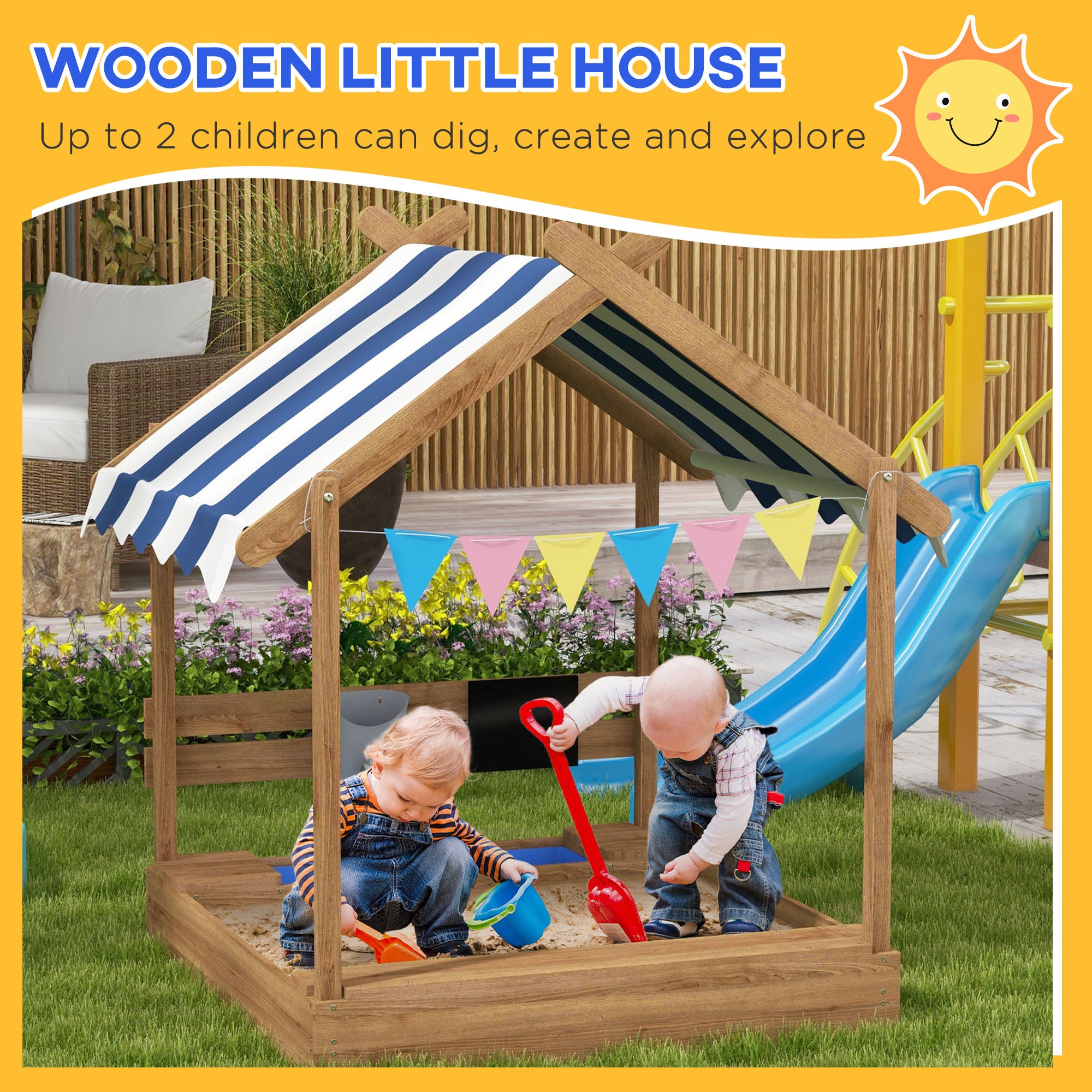 Outsunny House-Designed Wooden Sandbox, Outdoor Sandpit, with Blackboard, Toys, Sink, Seats, Flags, for Ages 3-7 Years - Brown - North Peak Garden Furniture
