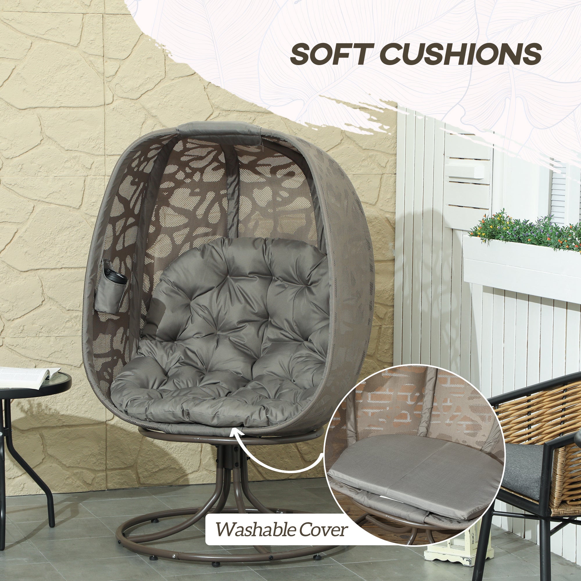 Outsunny Swivel Egg Chair with Cushions, Foldable Basket Seat and Metal Frame, Indoor Outdoor Lounge Chair for Balcony, Poolside, Patio and Living Room, Sand Brown - North Peak Garden Furniture