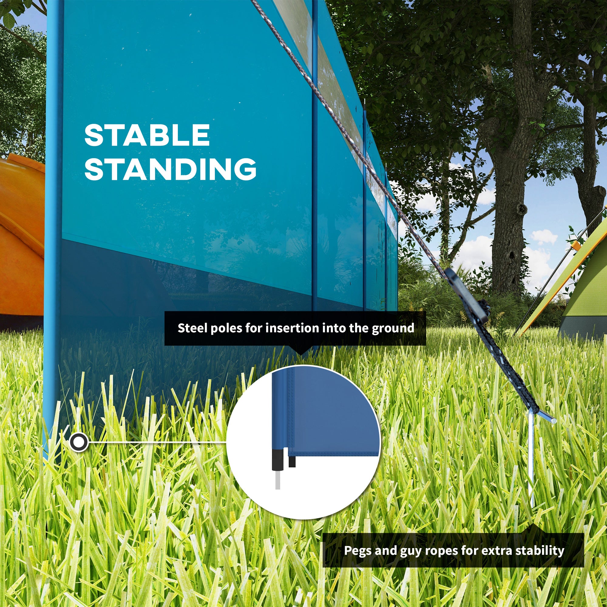 Outsunny Camping Windbreaker with Clear Windows, Carry Bag and Steel Poles, for Beach Caravan Campervan, 725 x 140cm, Blue - North Peak Garden Furniture