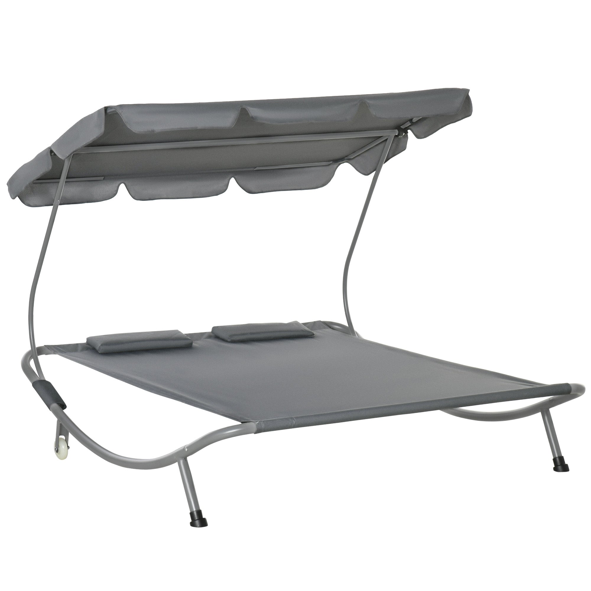 Outsunny Patio Double Hammock Sun Lounger Bed w/ Canopy Shelter, Wheels & 2 Pillows, Grey - North Peak Garden Furniture