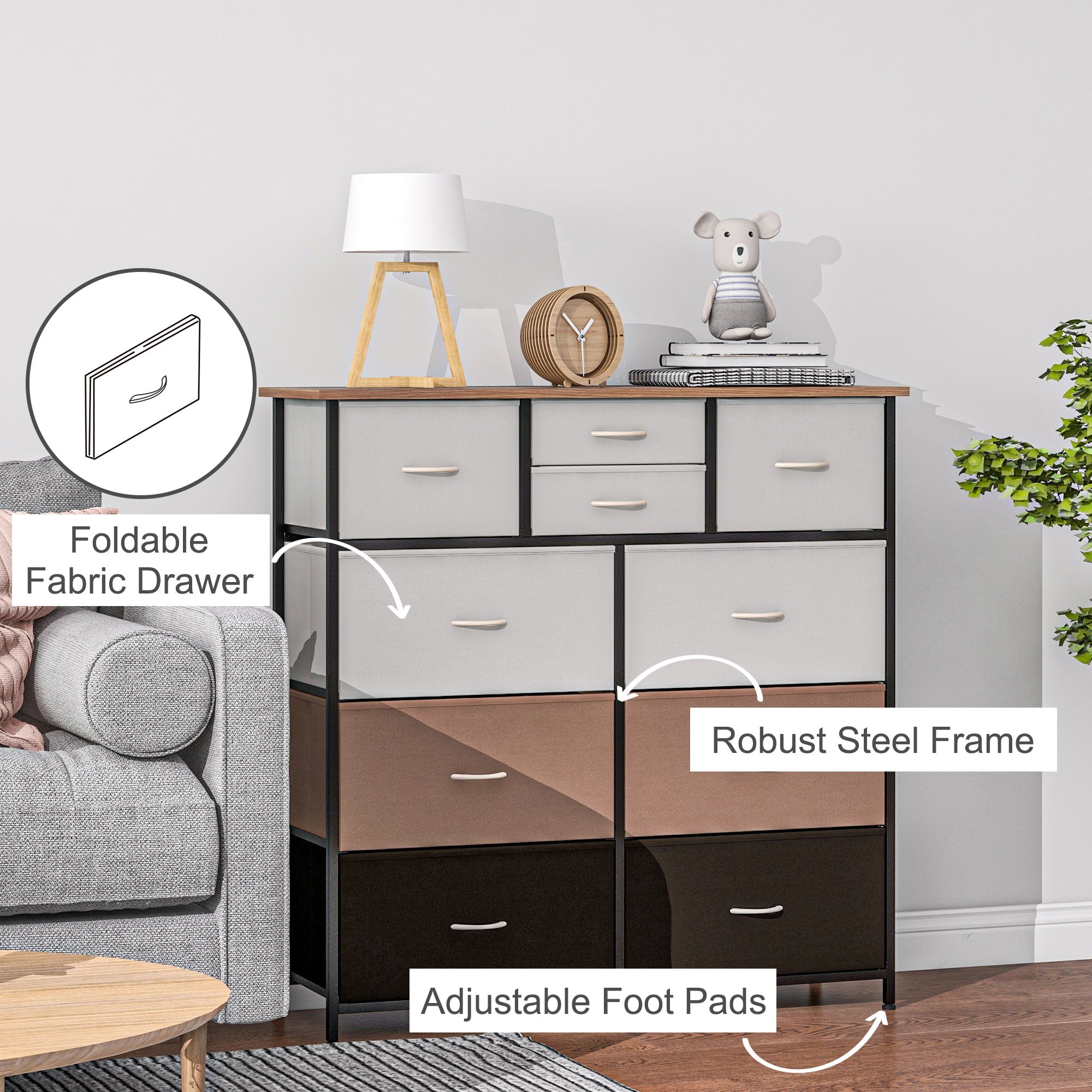 HOMCOM Bedroom Chest of Drawers, 10 Drawer Dresser with Foldable Fabric Drawers and Steel Frame, Multicolour - North Peak Garden Furniture