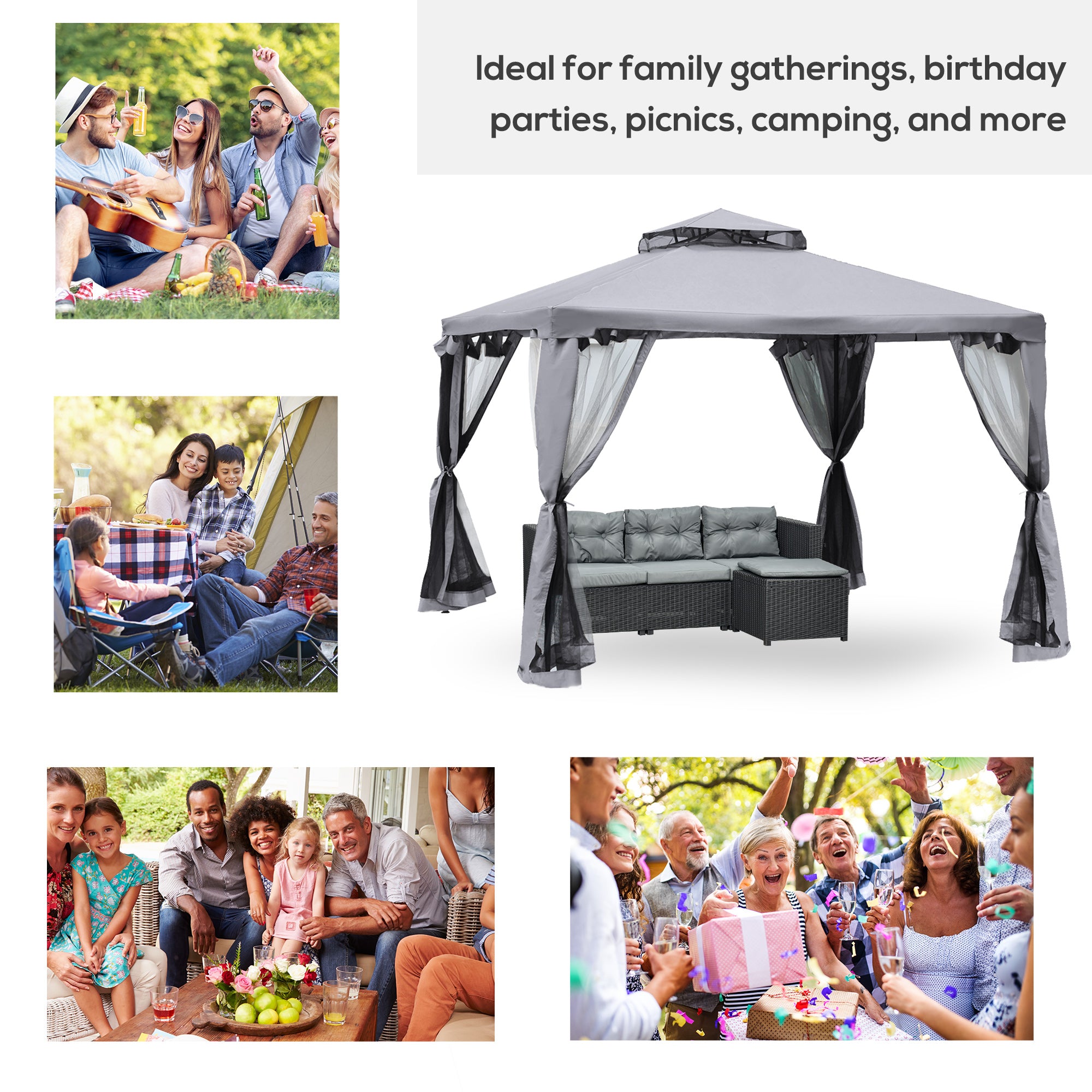Outsunny 3 x 3 m Metal Gazebo, Garden Pavillion, Double Roof Outdoor Canopy Shelter with Mesh Sidewalls, Grey - North Peak Garden Furniture