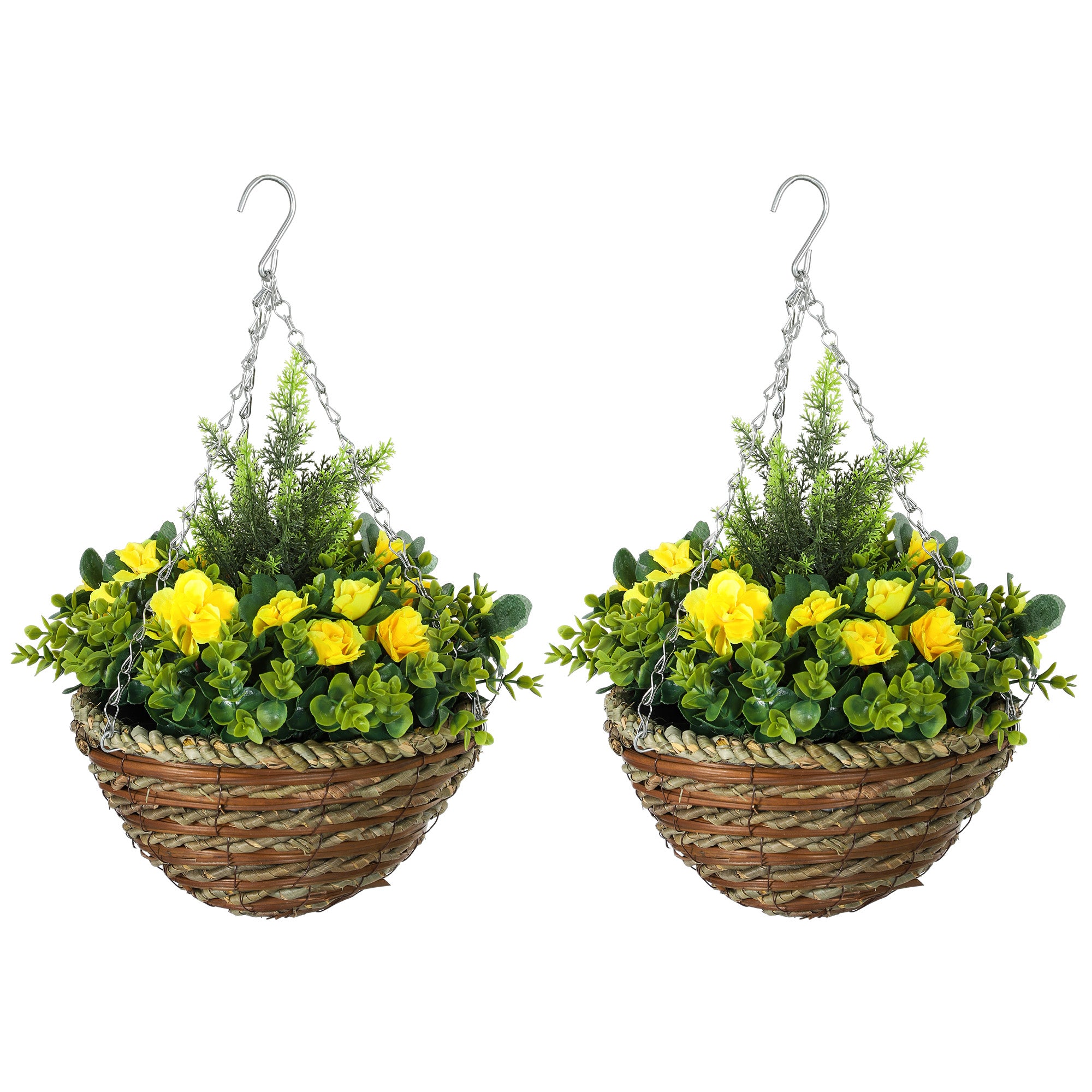 Outsunny Pack of 2 Faux Plant Artificial Lisianthus Flowers Hanging Planter with Basket for Indoor Outdoor Decoration, Yellow - North Peak Garden Furniture